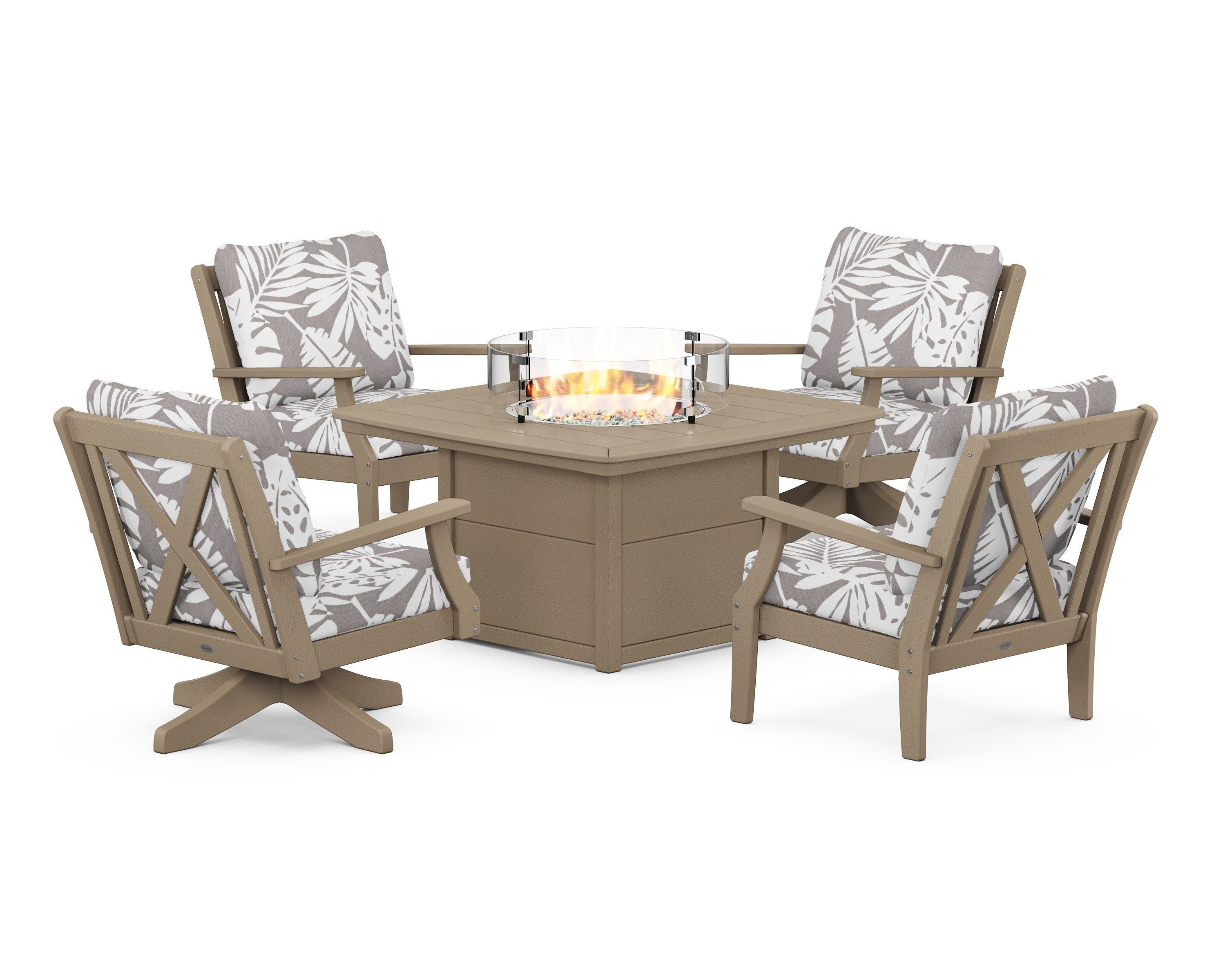 Braxton 5-Piece Deep Seating Set with Fire Table in Vintage Sahara / Leaf Grey Mist