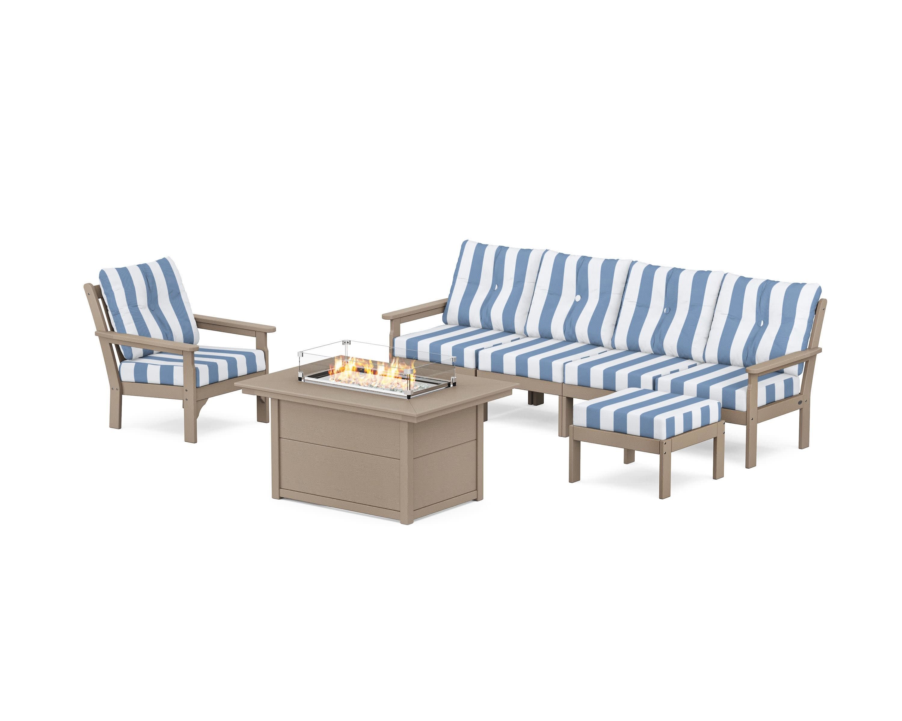 Vineyard Sectional Lounge and Fire Pit Set in Vintage Sahara / Cabana Stripe Sky Blue