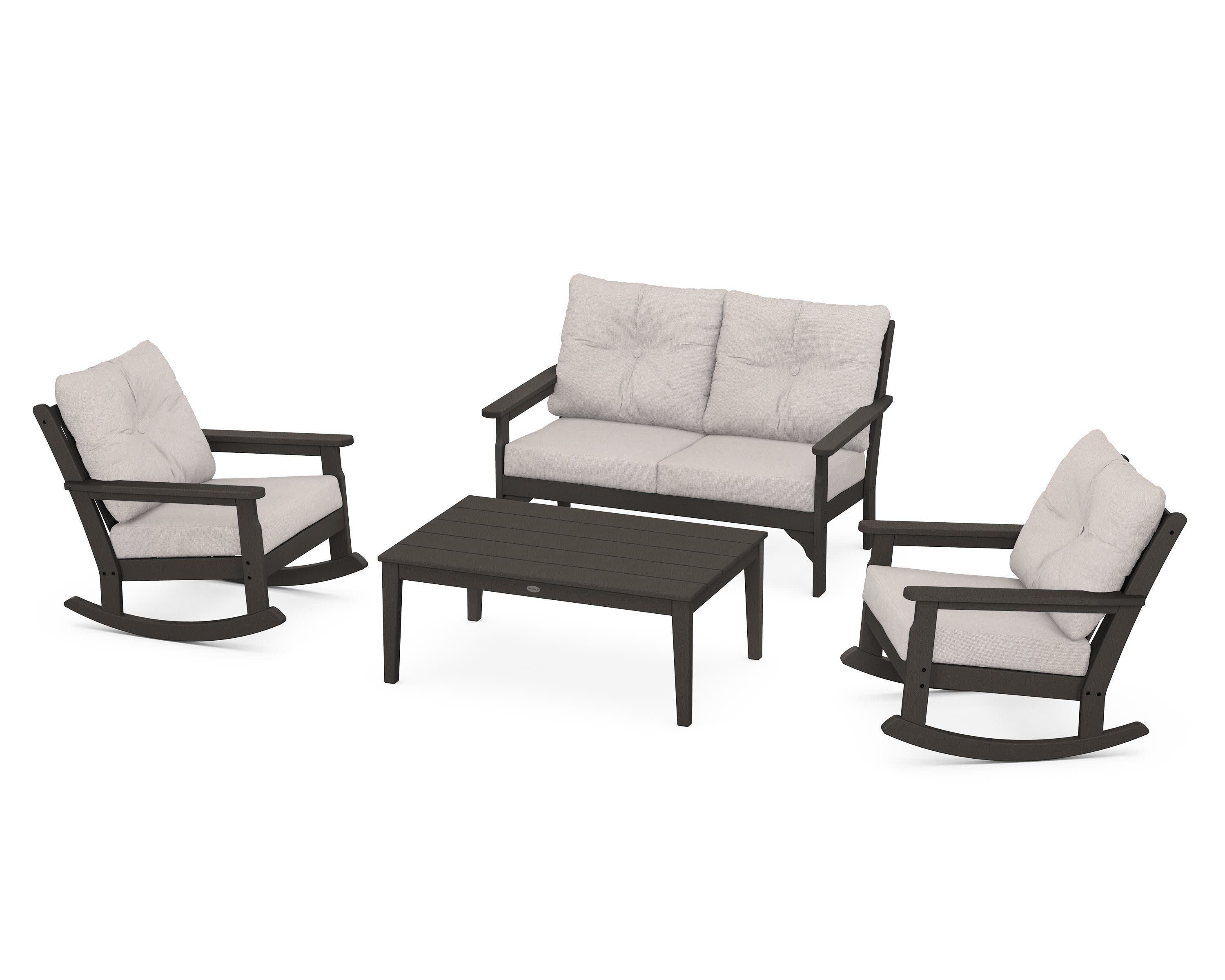 Vineyard 4-Piece Deep Seating Rocking Chair Set in Vintage Coffee / Dune Burlap