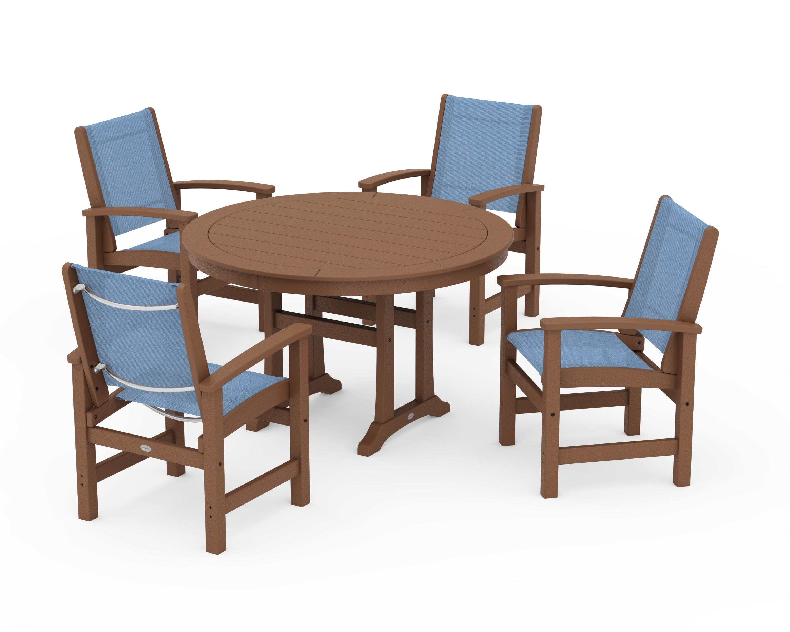 Coastal 5-Piece Round Dining Set with Trestle Legs in Teak / Poolside Sling