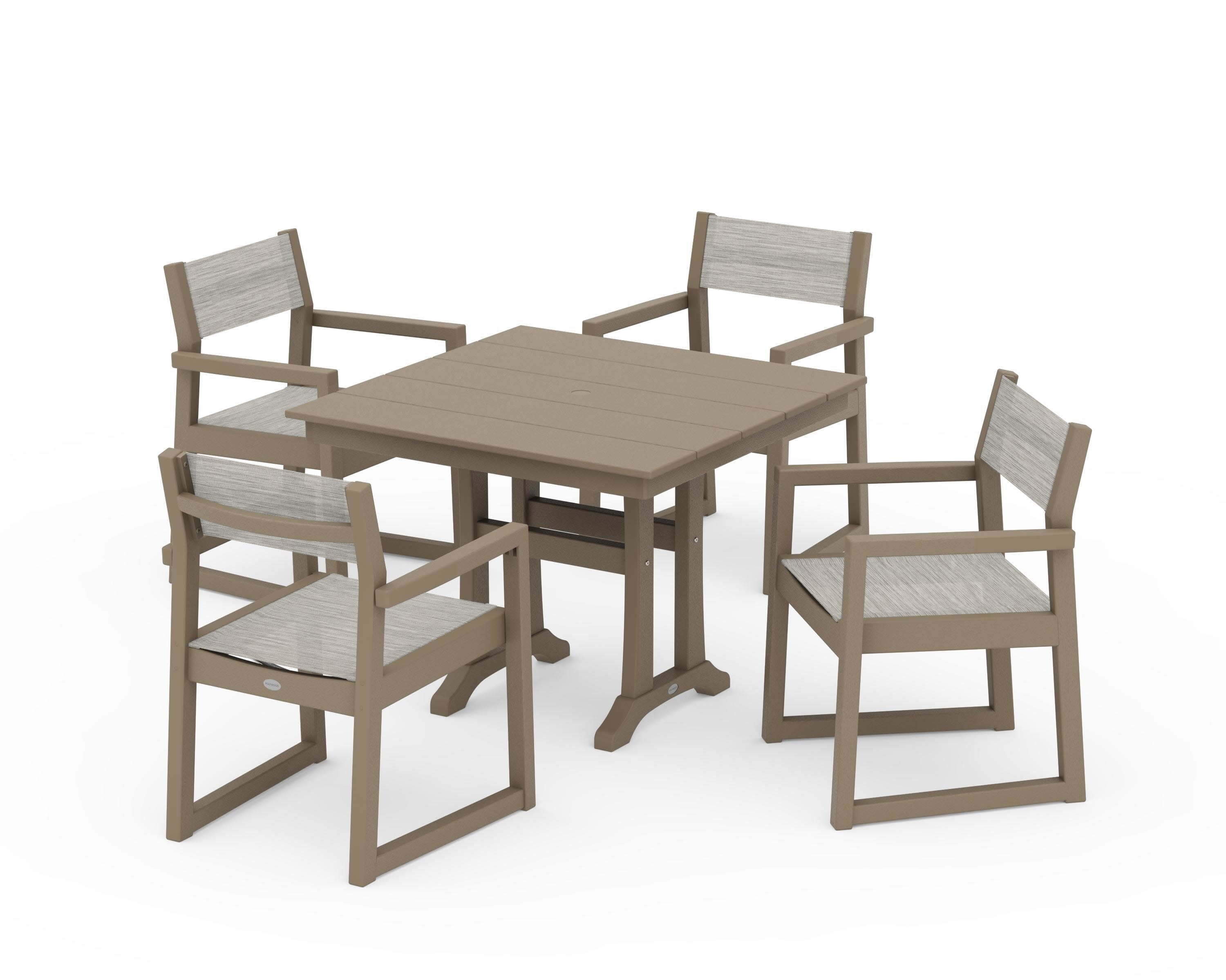 EDGE Sling 5-Piece Farmhouse Dining Set with Trestle Legs in Vintage Sahara / Birch Sling