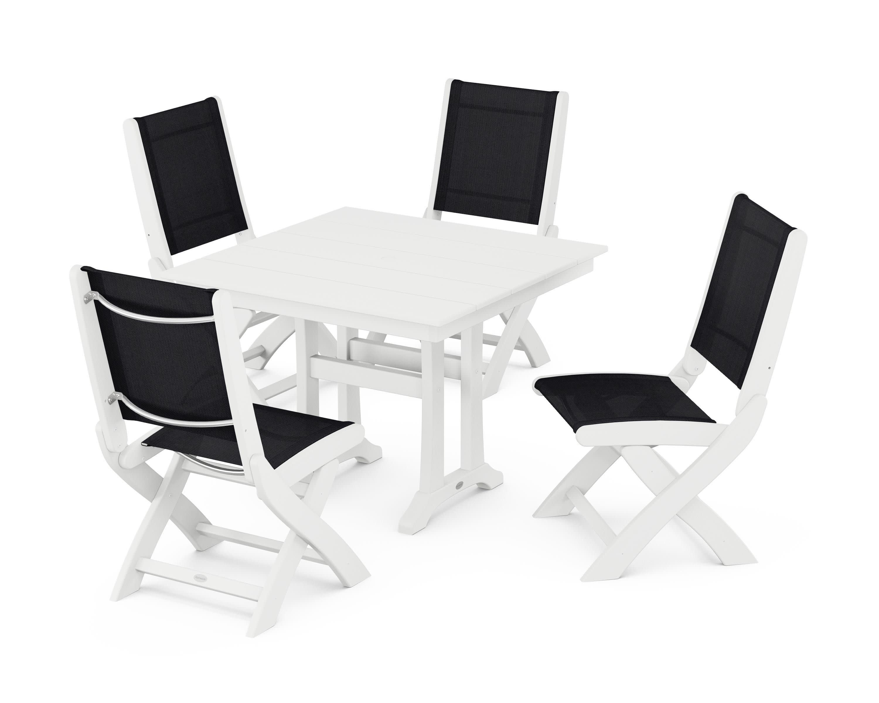 Coastal Folding Side Chair 5-Piece Farmhouse Dining Set With Trestle Legs in White / Black Sling