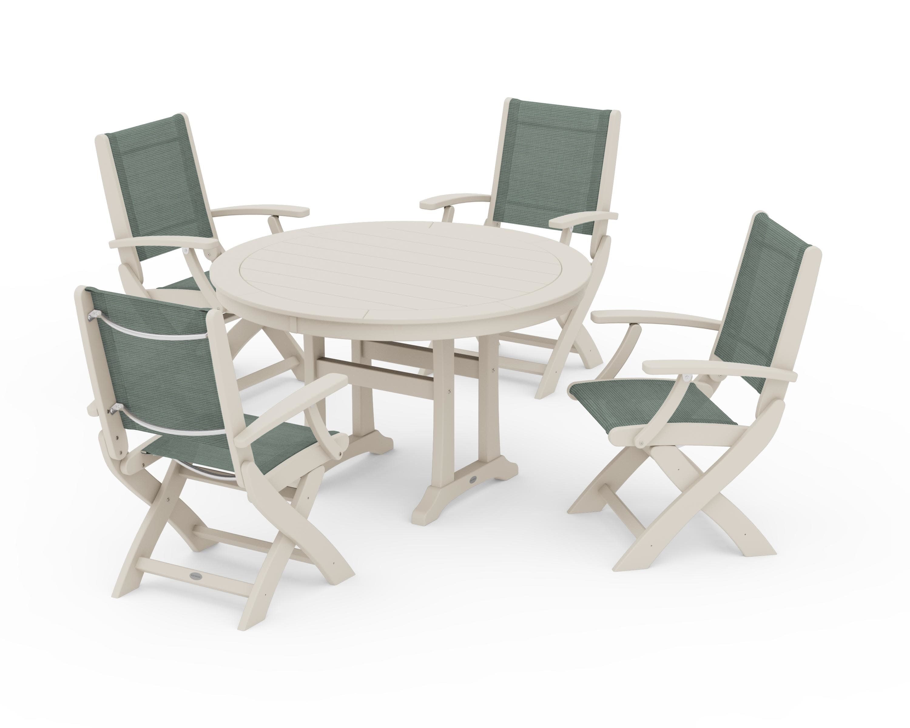Coastal Folding Chair 5-Piece Round Dining Set with Trestle Legs in Sand / Dupioni Sea Mist Sling