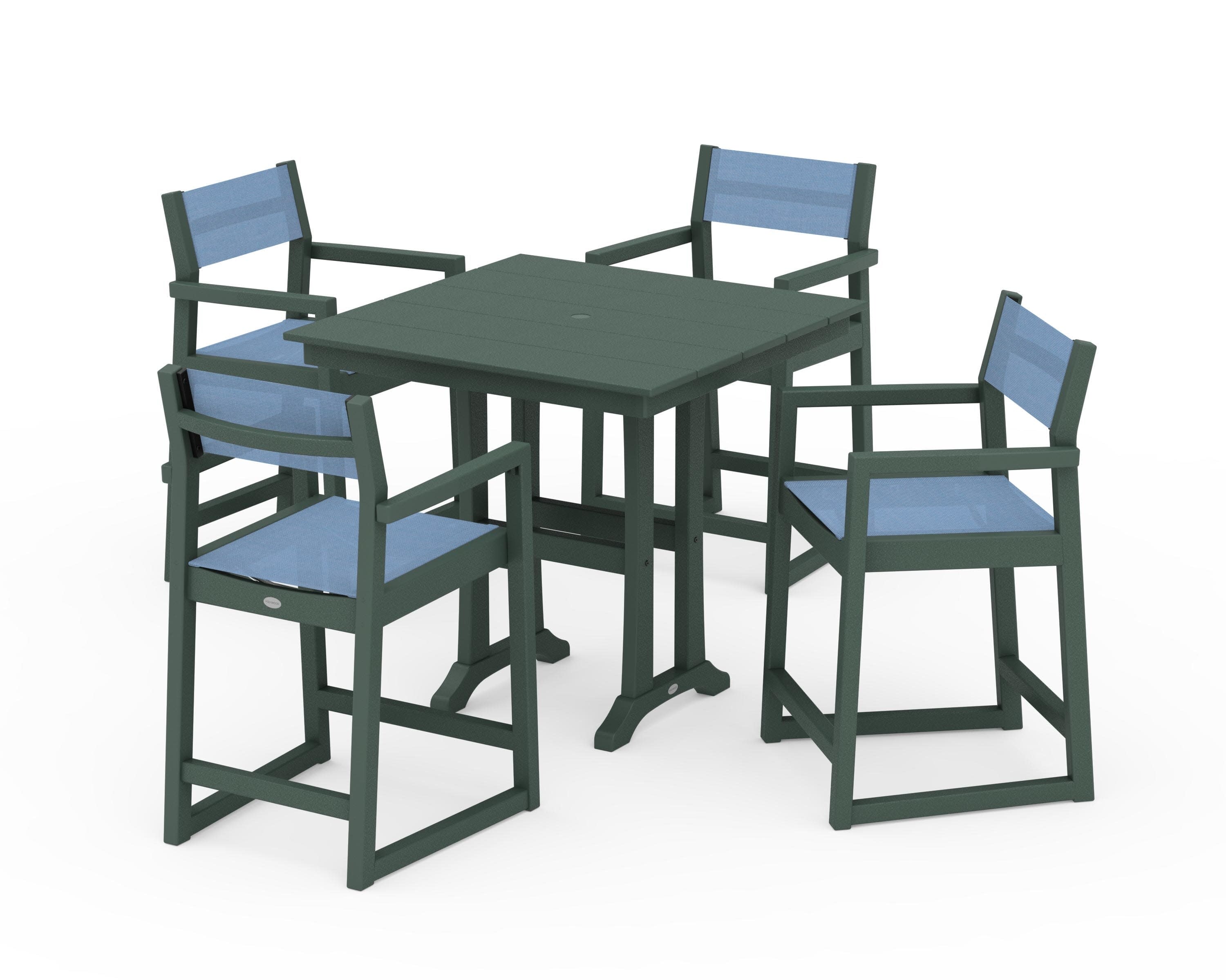EDGE Sling Arm Chair 5-Piece Farmhouse Counter Set with Trestle Legs in Green / Poolside Sling
