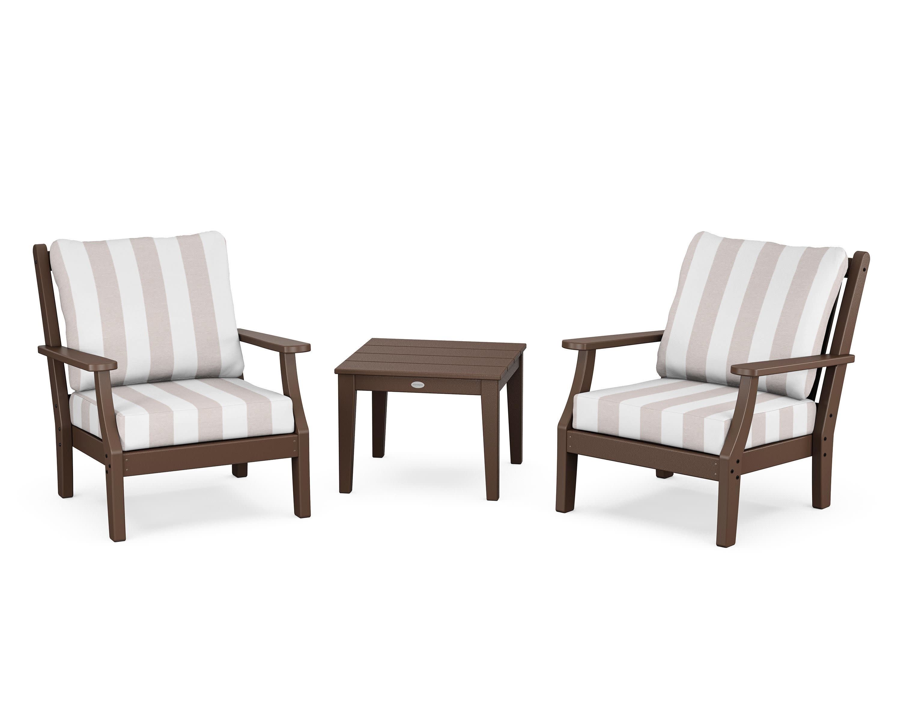 Wovendale 3-Piece Deep Seating Set in Mahogany / Cabana Stripe Dune Burlap