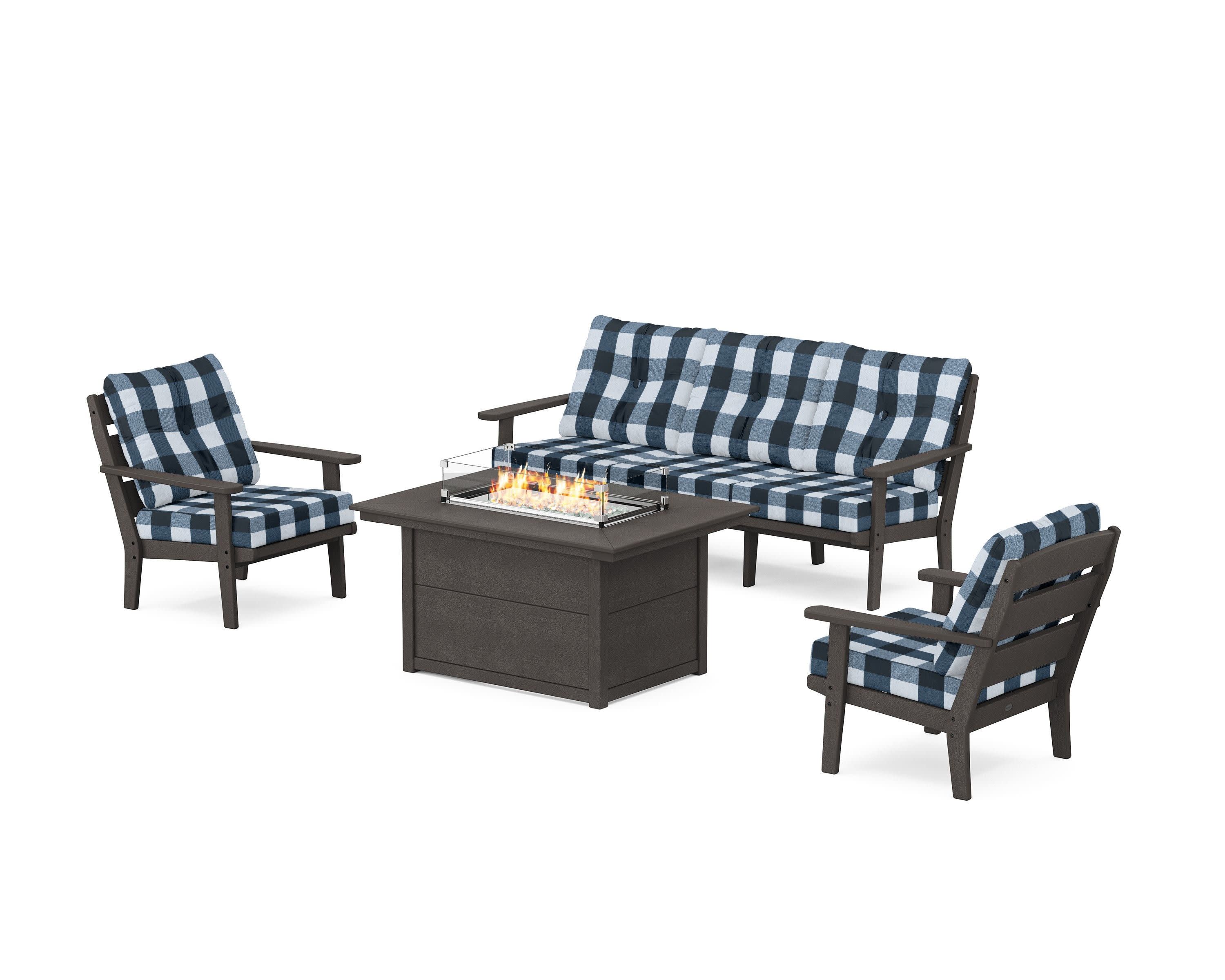 Lakeside Deep Seating Fire Pit Table Set in Vintage Coffee / Buffalo Plaid Marine Indigo