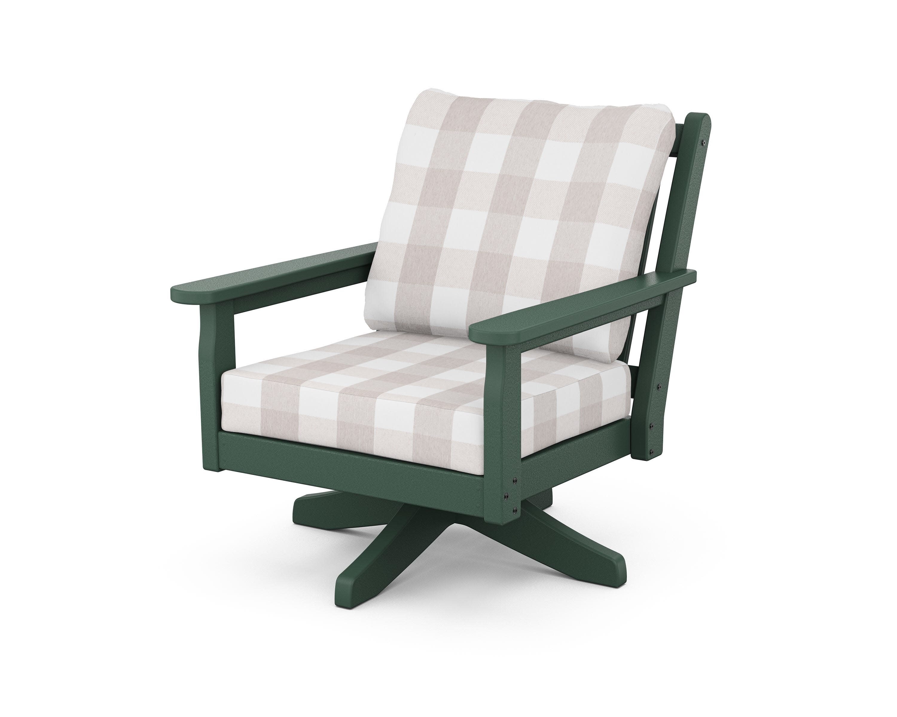 Chippendale Deep Seating Swivel Chair in Green / Buffalo Plaid Dune Burlap