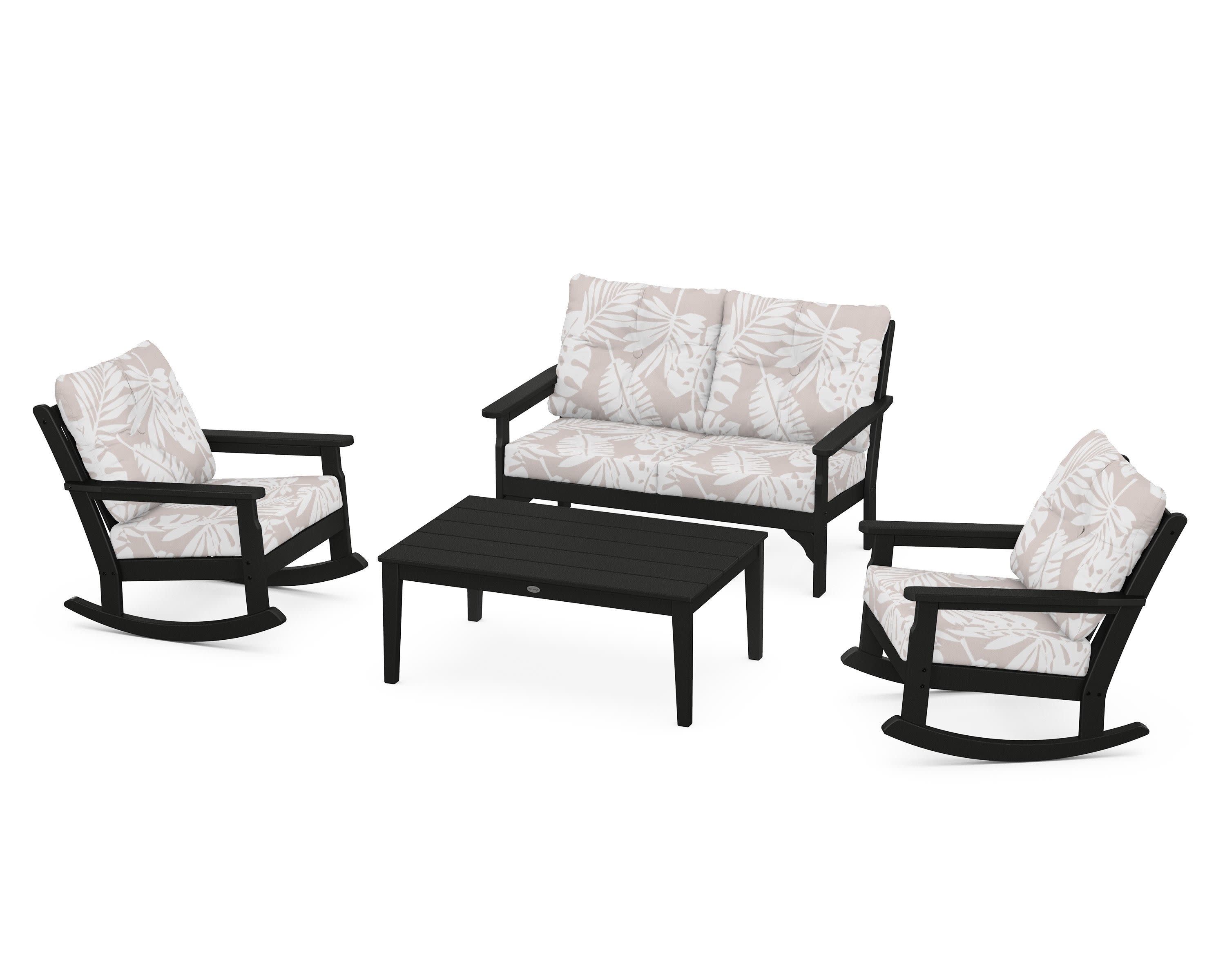 Vineyard 4-Piece Deep Seating Rocking Chair Set in Black / Leaf Dune Burlap