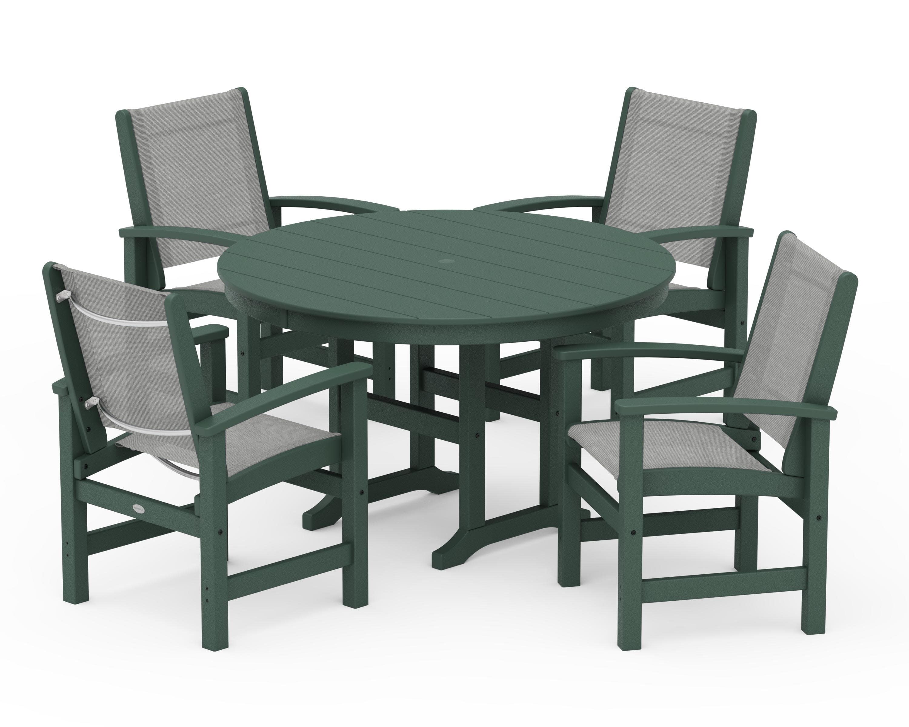 Coastal 5-Piece Round Farmhouse Dining Set in Green / Metallic Sling