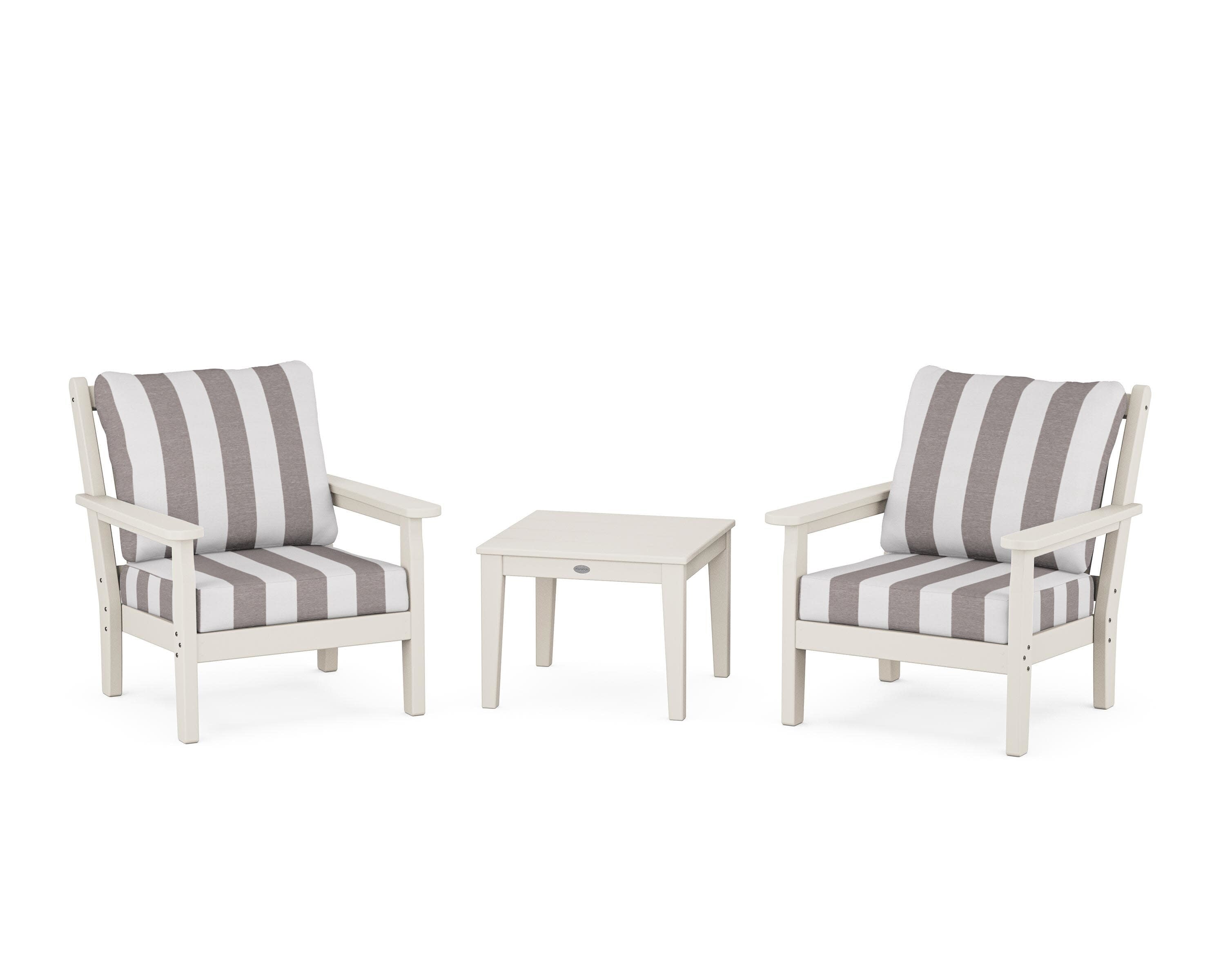Chippendale 3-Piece Deep Seating Set in Sand / Cabana Stripe Grey Mist