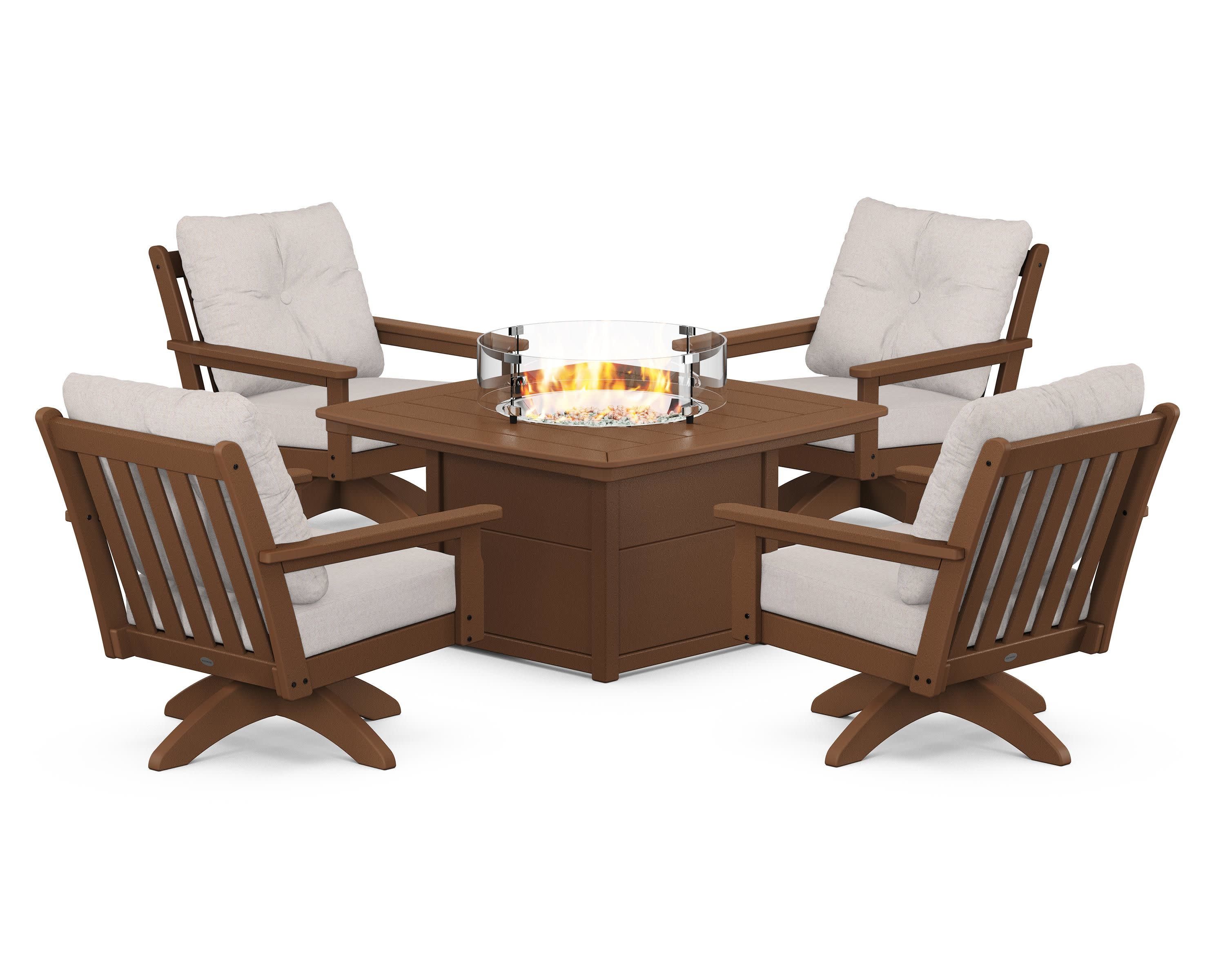 Vineyard 5-Piece Deep Seating Swivel Conversation Set with Fire Pit Table in Teak / Dune Burlap