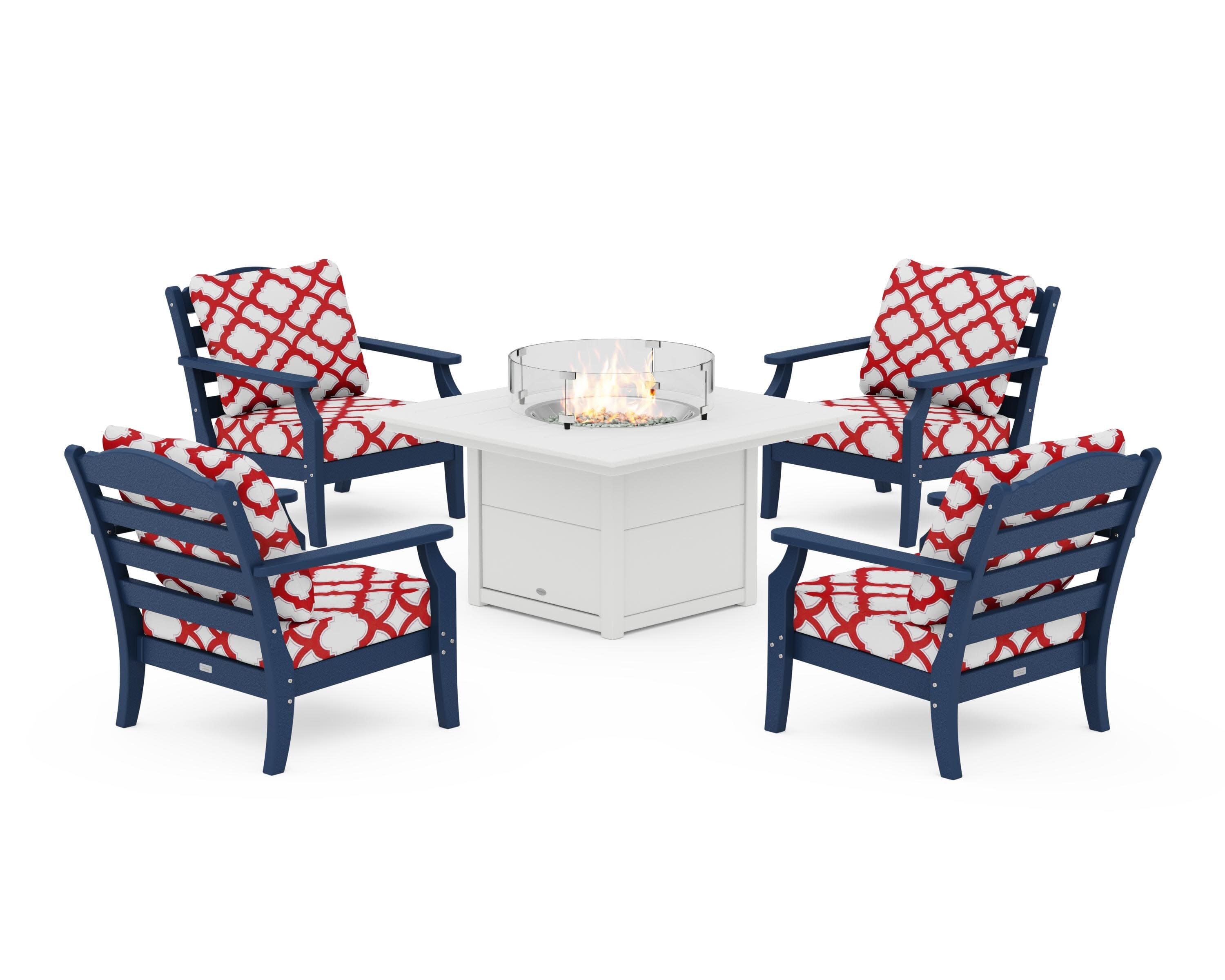 Savannah 5-Piece Deep Seating Set with Fire Pit Table in Navy / Trellis Crimson