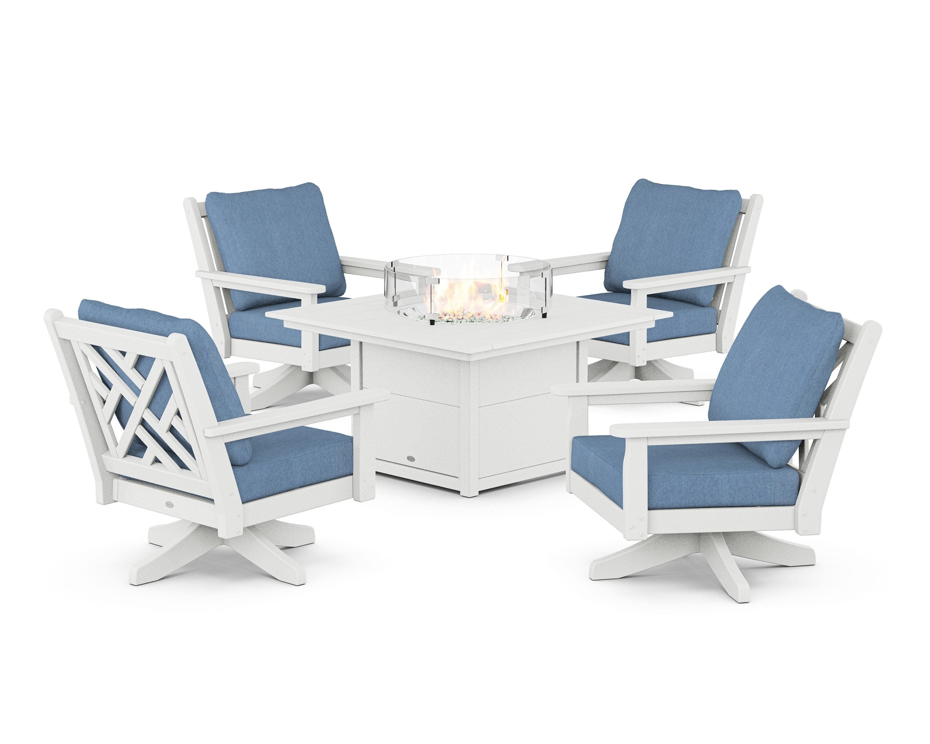 Chippendale 5-Piece Deep Seating Swivel Conversation Set with Fire Pit Table in White / Sky Blue
