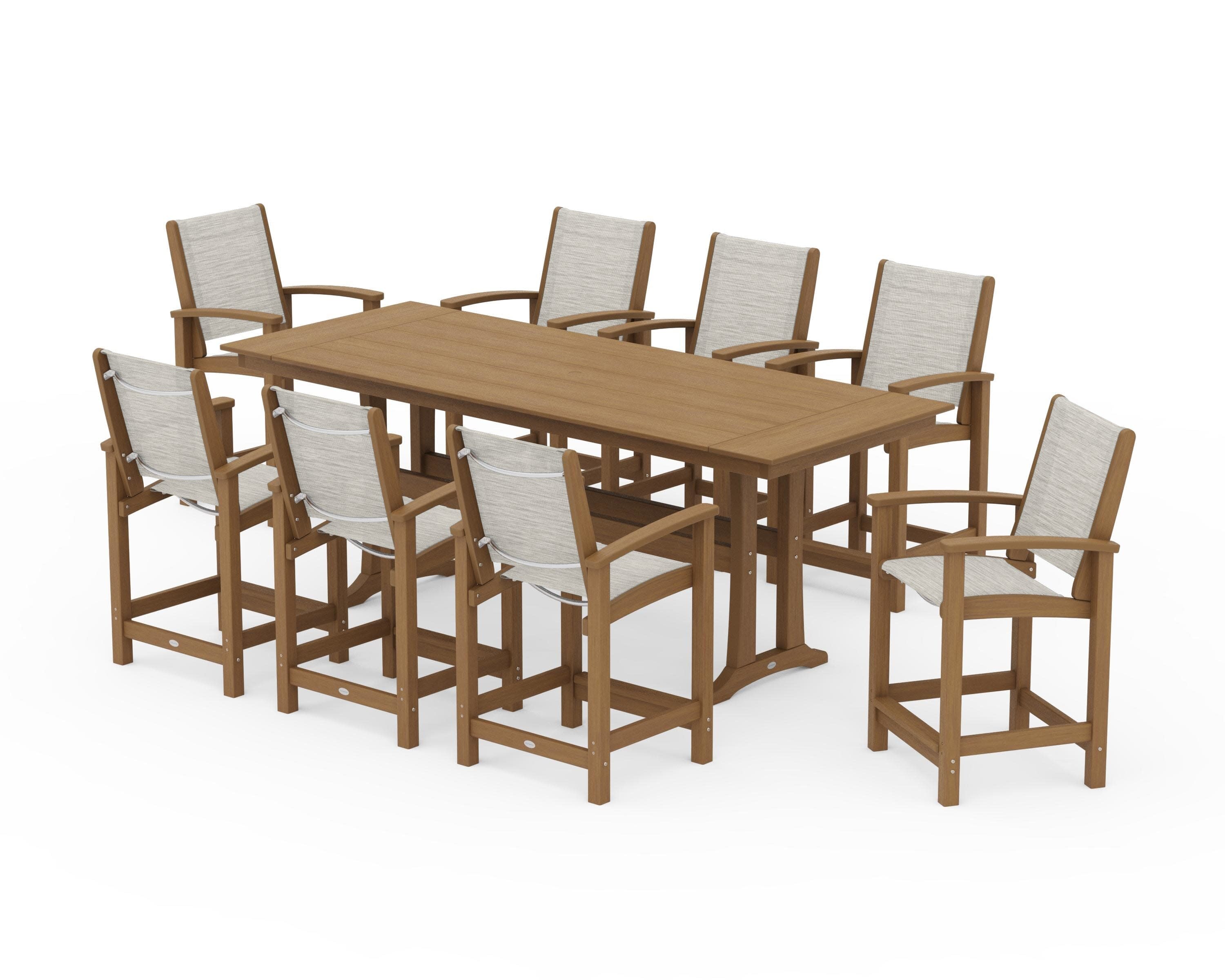 Coastal 9-Piece Farmhouse Counter Set with Trestle Legs in Natural / Birch Sling