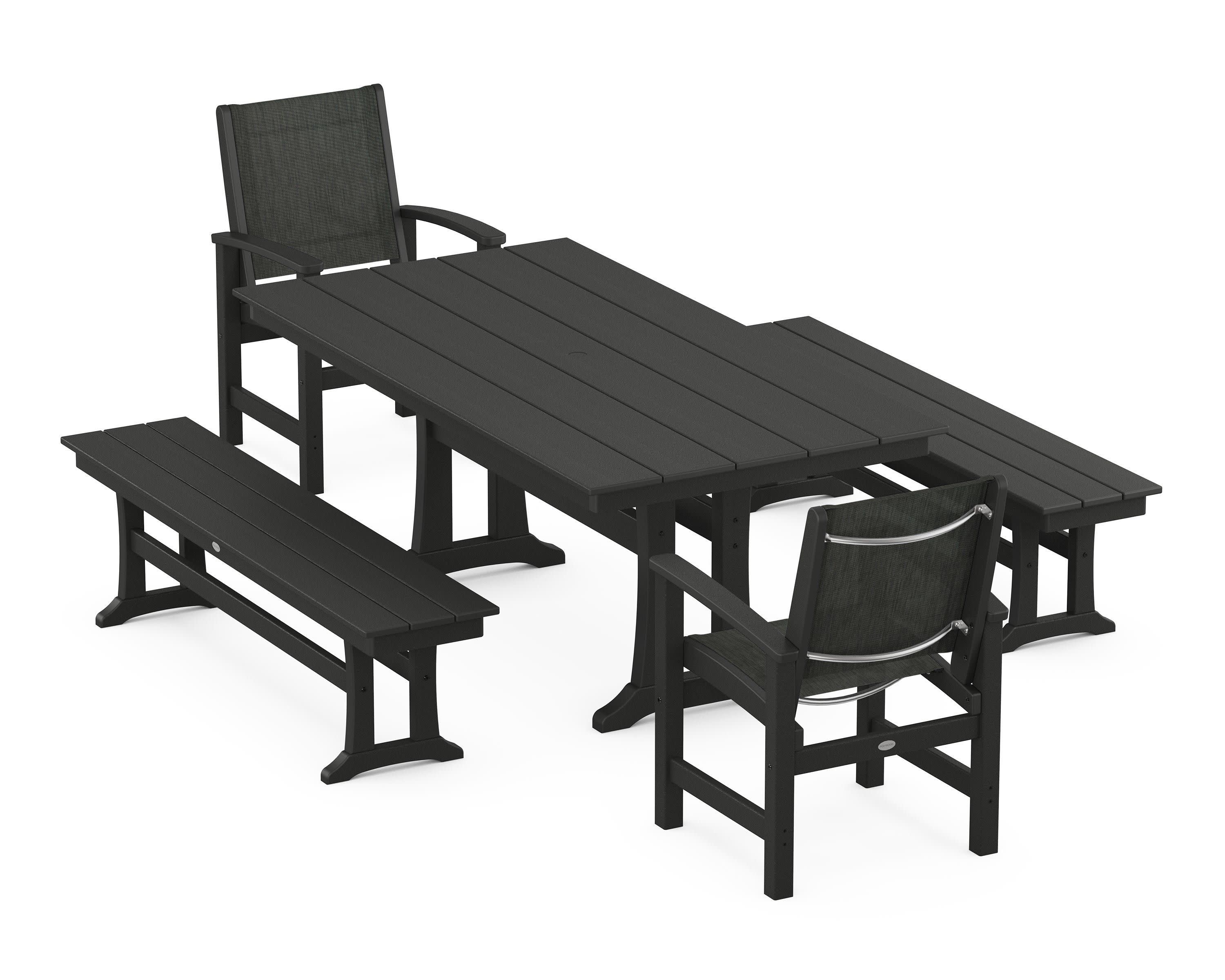 Coastal 5-Piece Farmhouse Dining Set with Trestle Legs and Benches in Black / Ember Sling