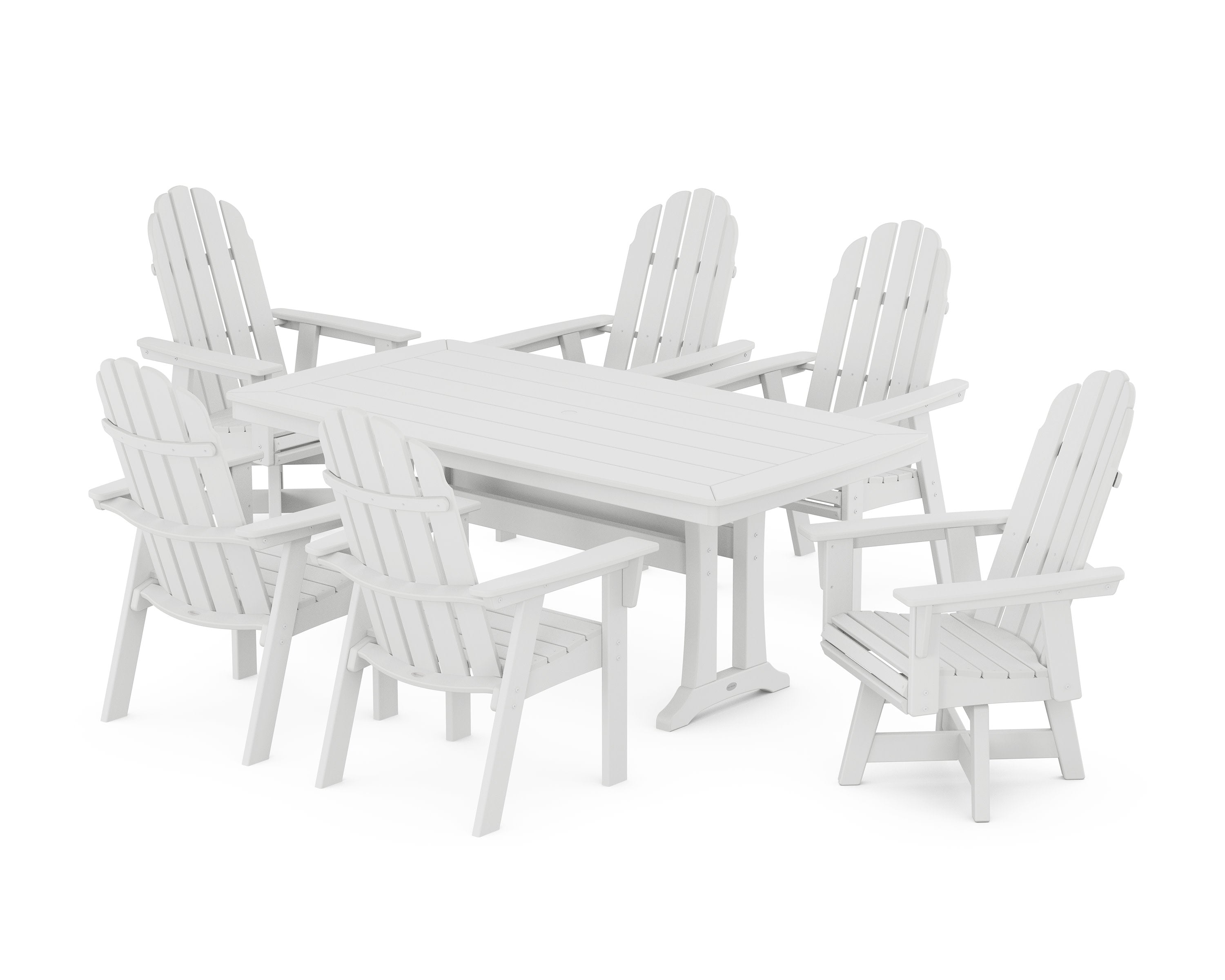 Vineyard Curveback Adirondack Swivel Chair 7-Piece Dining Set with Trestle Legs in White