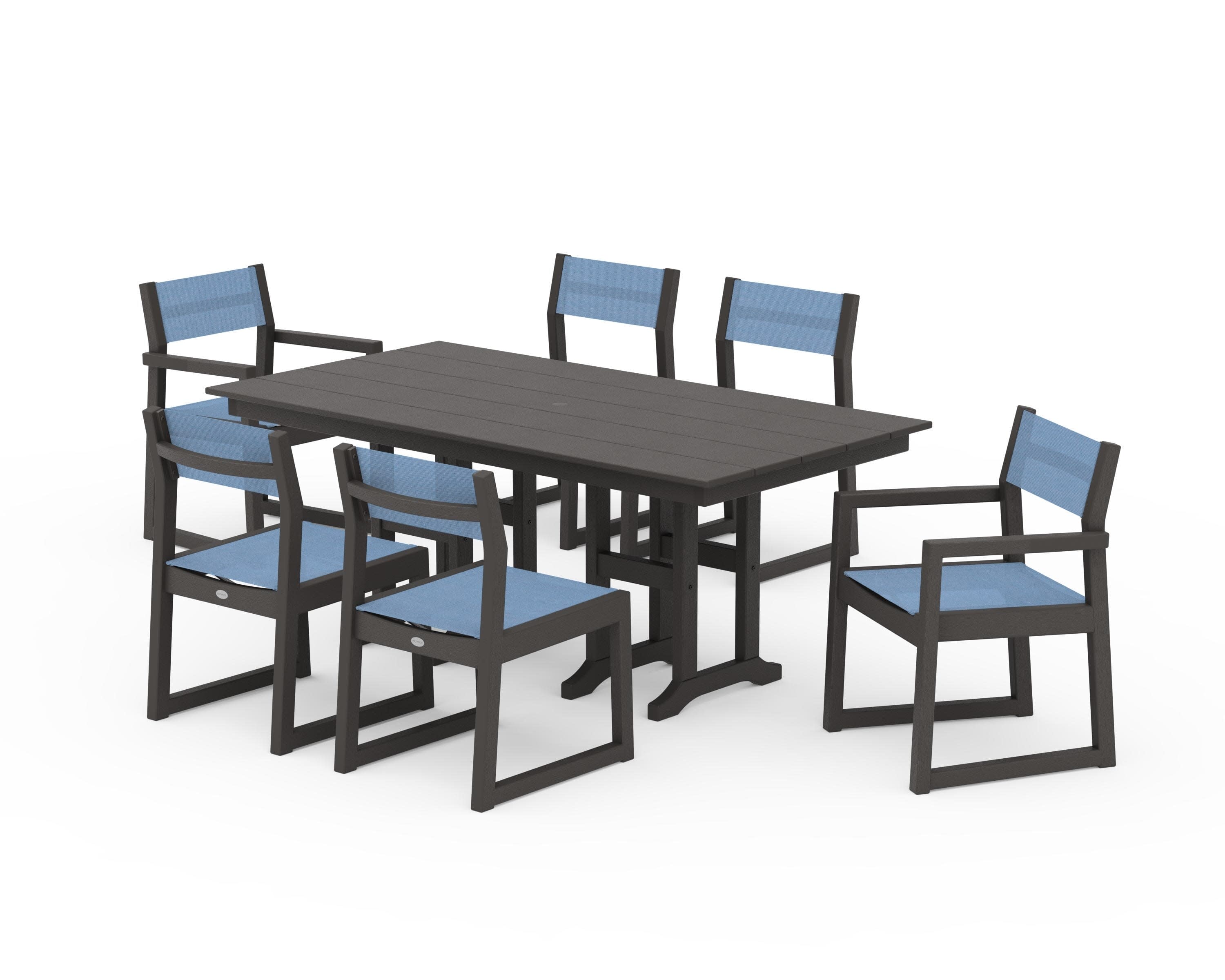 EDGE Sling 7-Piece Farmhouse Dining Set in Vintage Coffee / Poolside Sling
