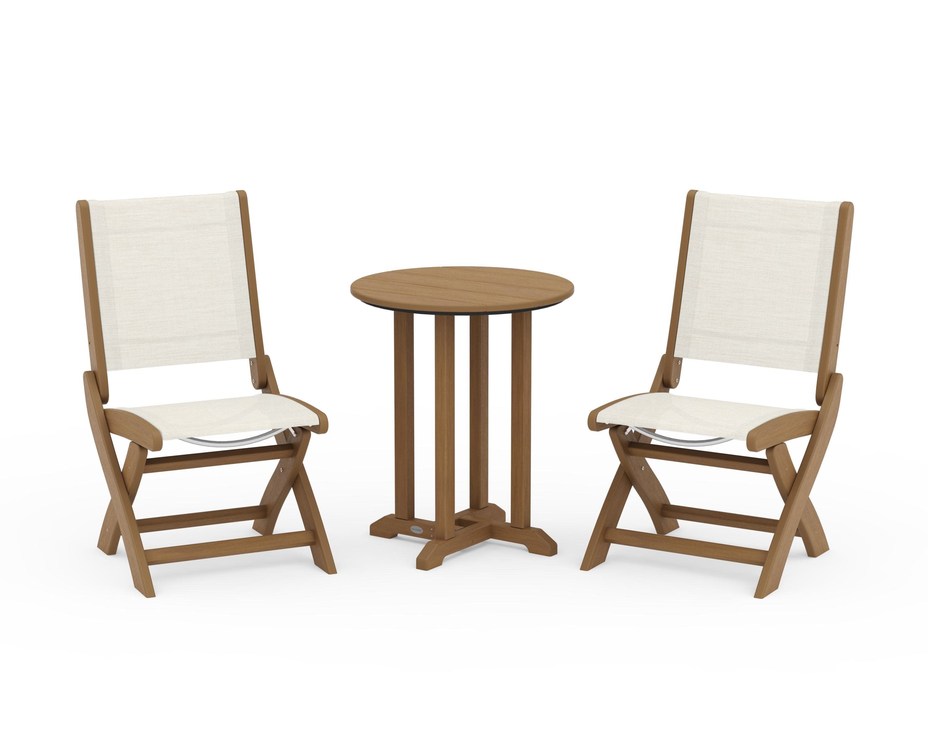 Coastal Folding Side Chair 3-Piece Round Bistro Dining Set in Natural / Parchment Sling