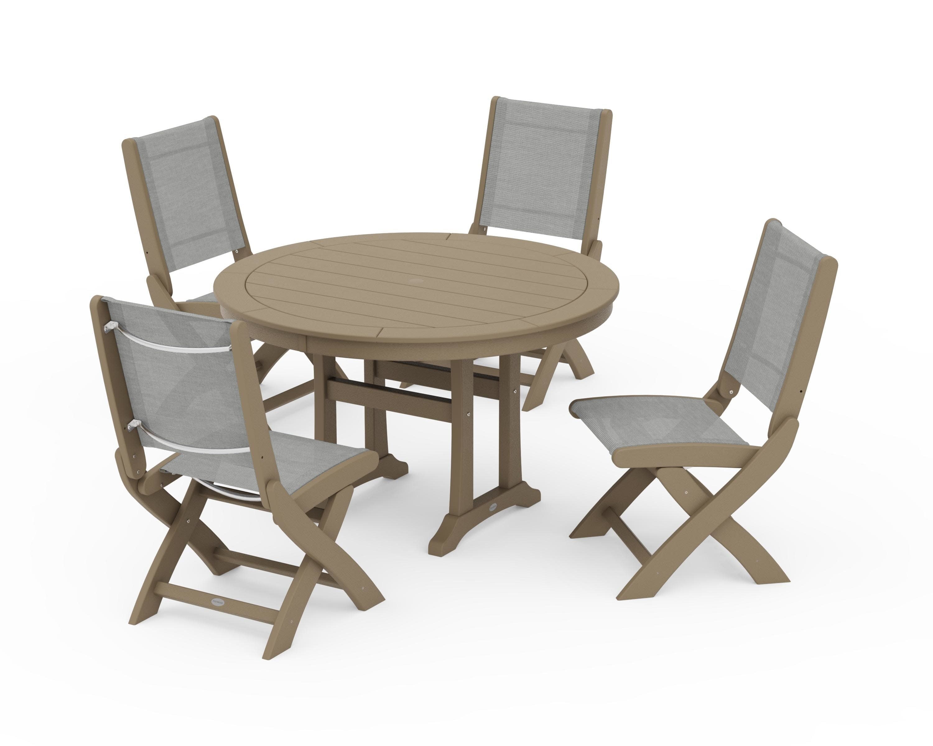 Coastal Folding Side Chair 5-Piece Round Dining Set With Trestle Legs in Vintage Sahara / Metallic Sling