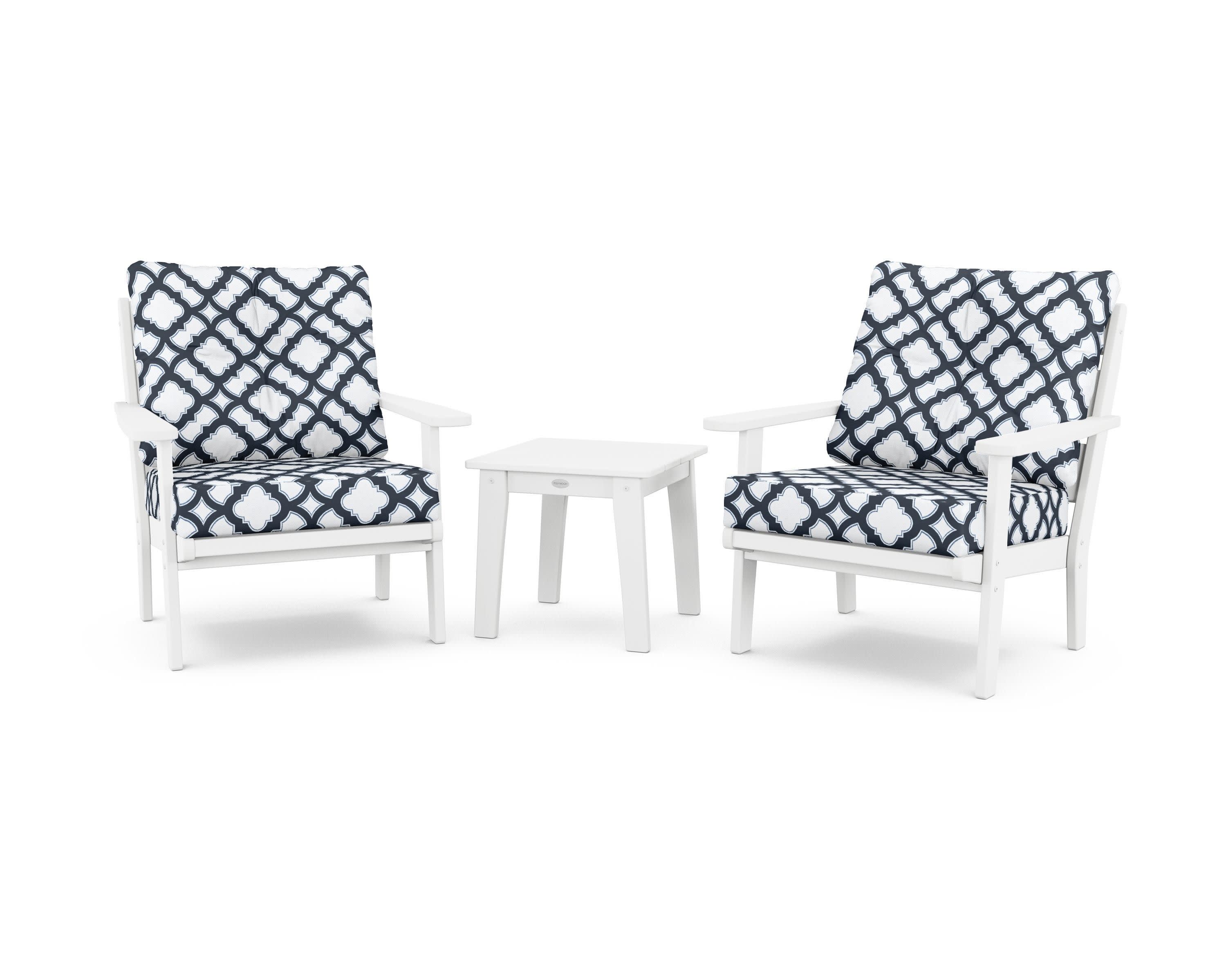 Lakeside 3-Piece Deep Seating Chair Set in White / Trellis Marine Indigo