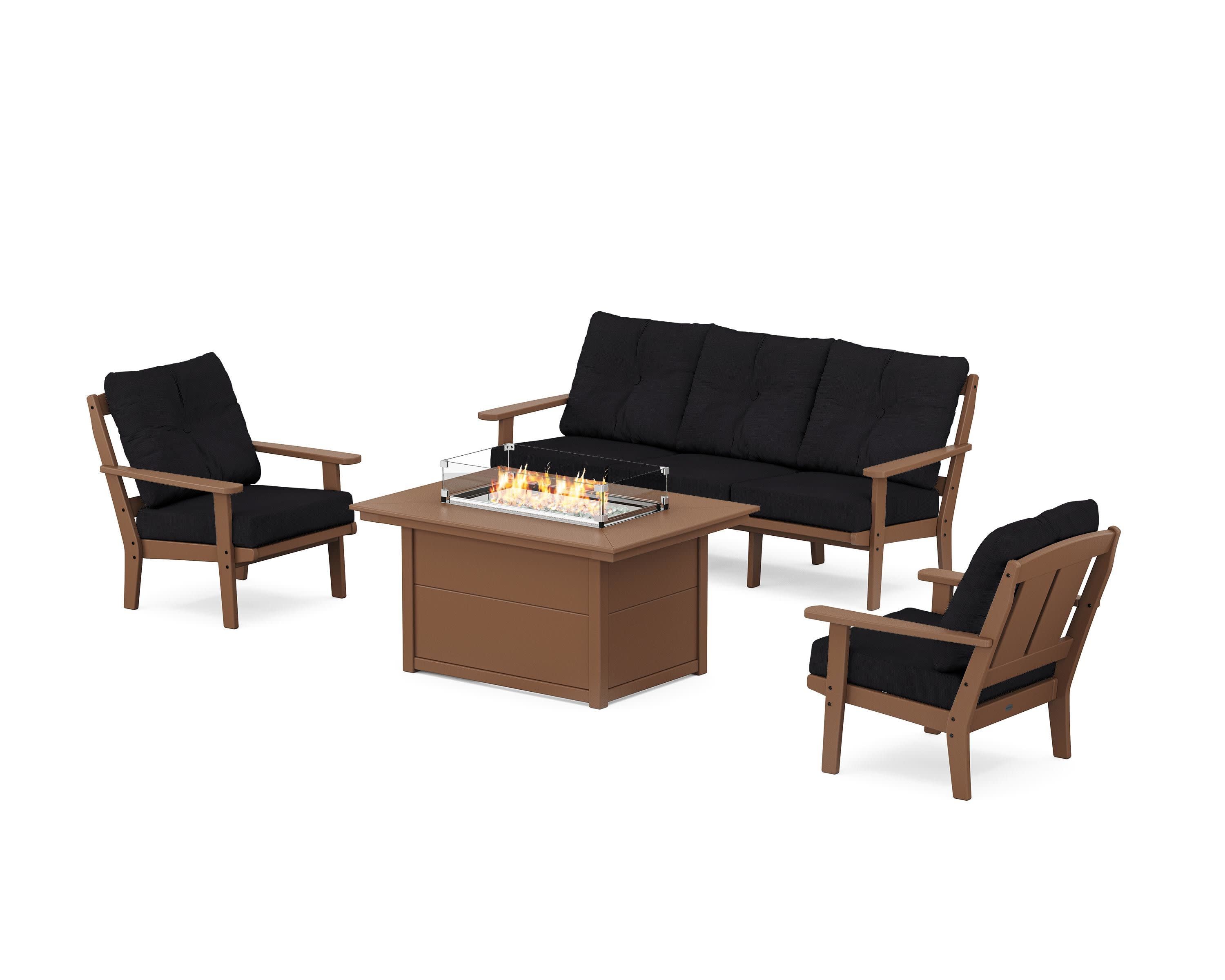 Mission Deep Seating Fire Pit Table Set in Teak / Midnight Linen
