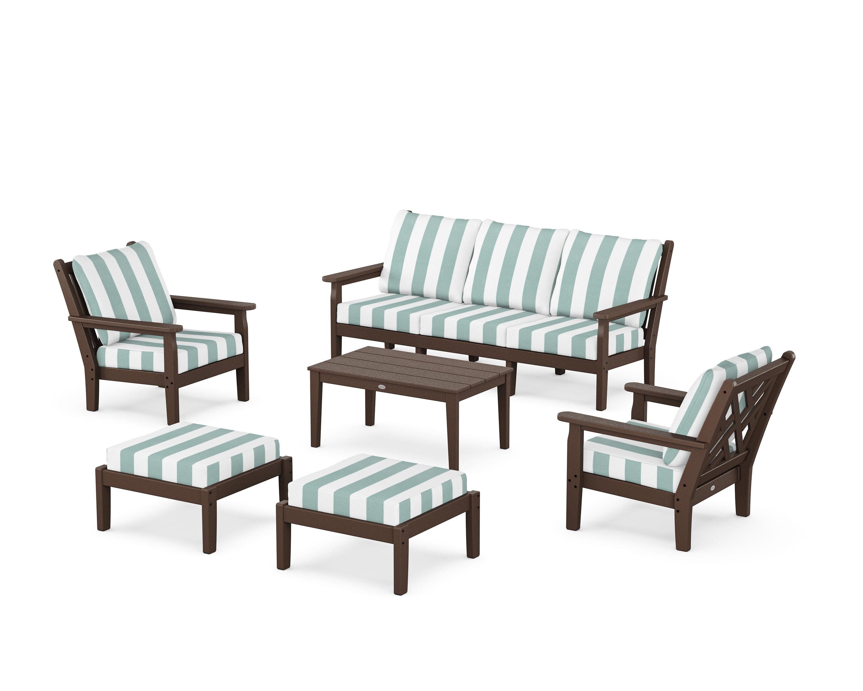 Chippendale 6-Piece Lounge Sofa Set in Mahogany / Cabana Stripe Glacier Spa