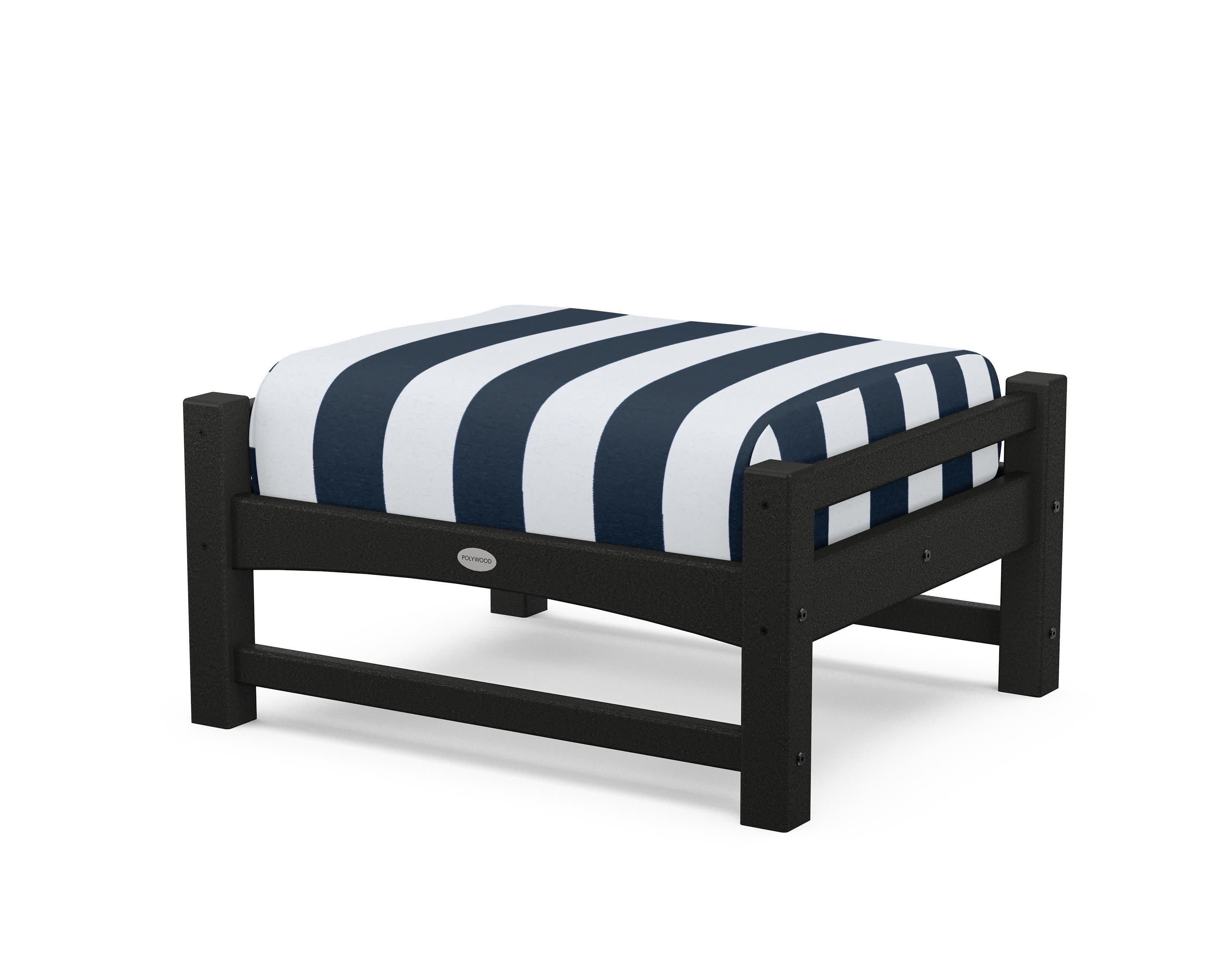 Club Ottoman in Black / Cabana Stripe Marine Indigo