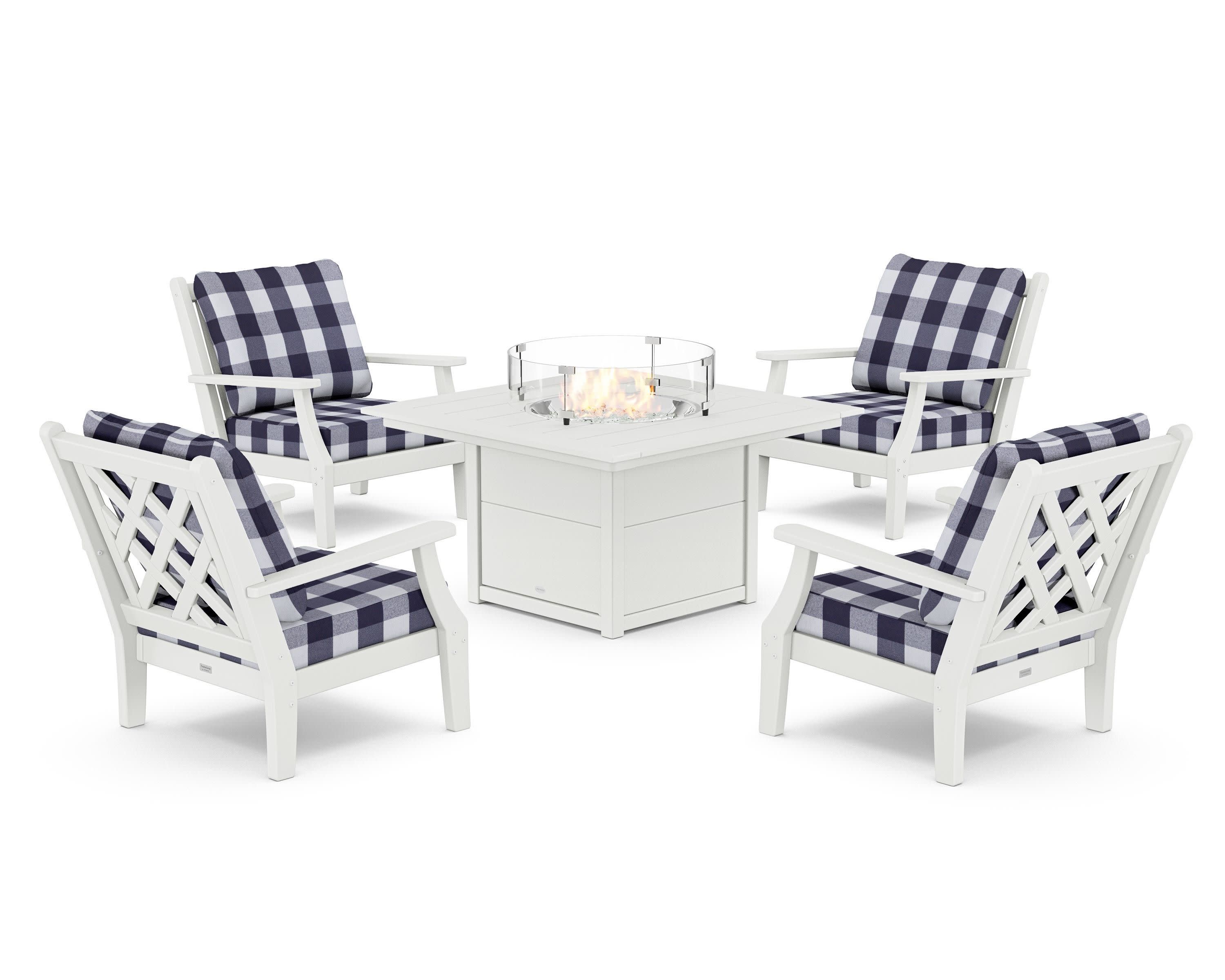 Wovendale 5-Piece Deep Seating Set with Fire Pit Table in White / Buffalo Plaid Navy