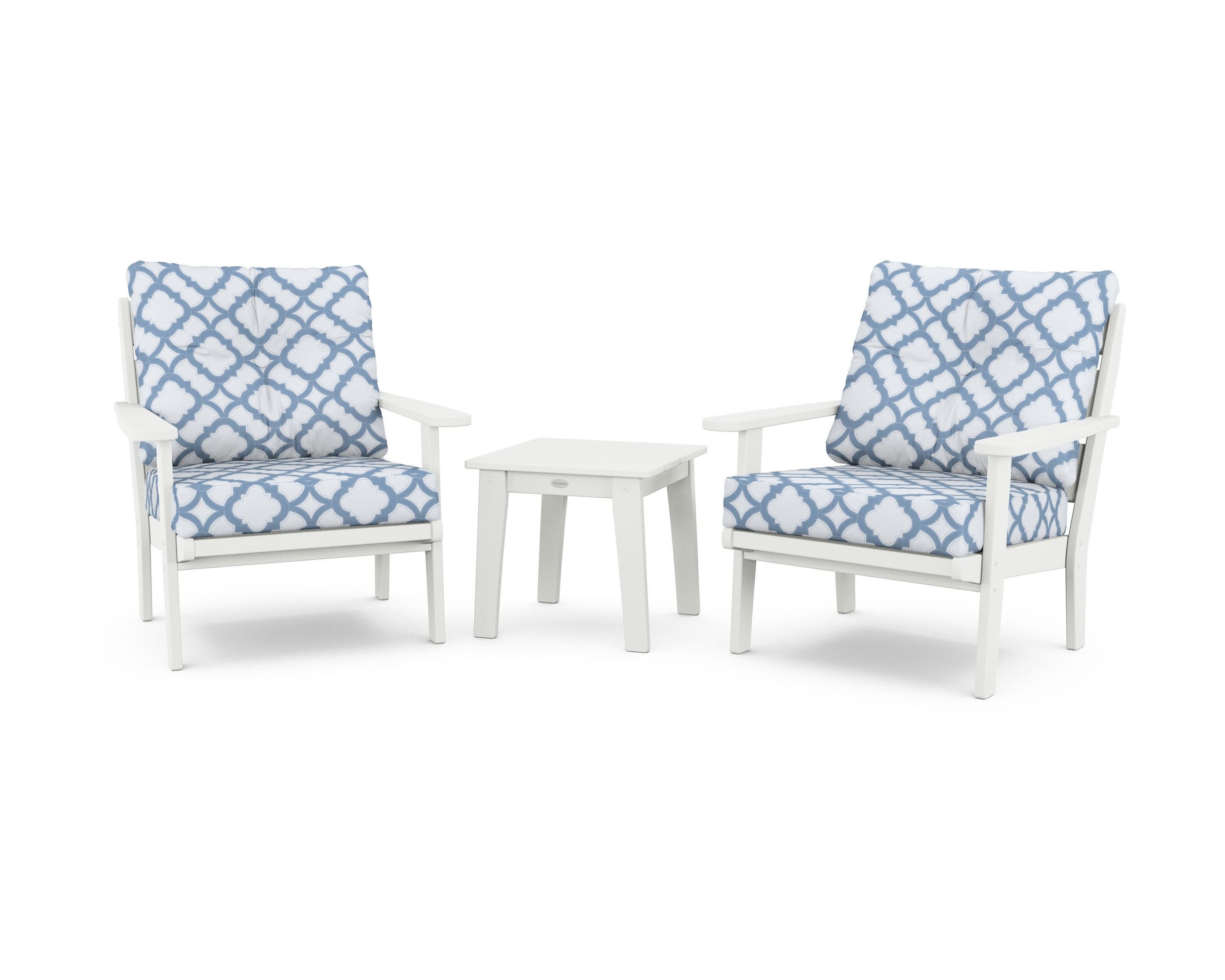 Lakeside 3-Piece Deep Seating Chair Set in Vintage White / Trellis Sky Blue