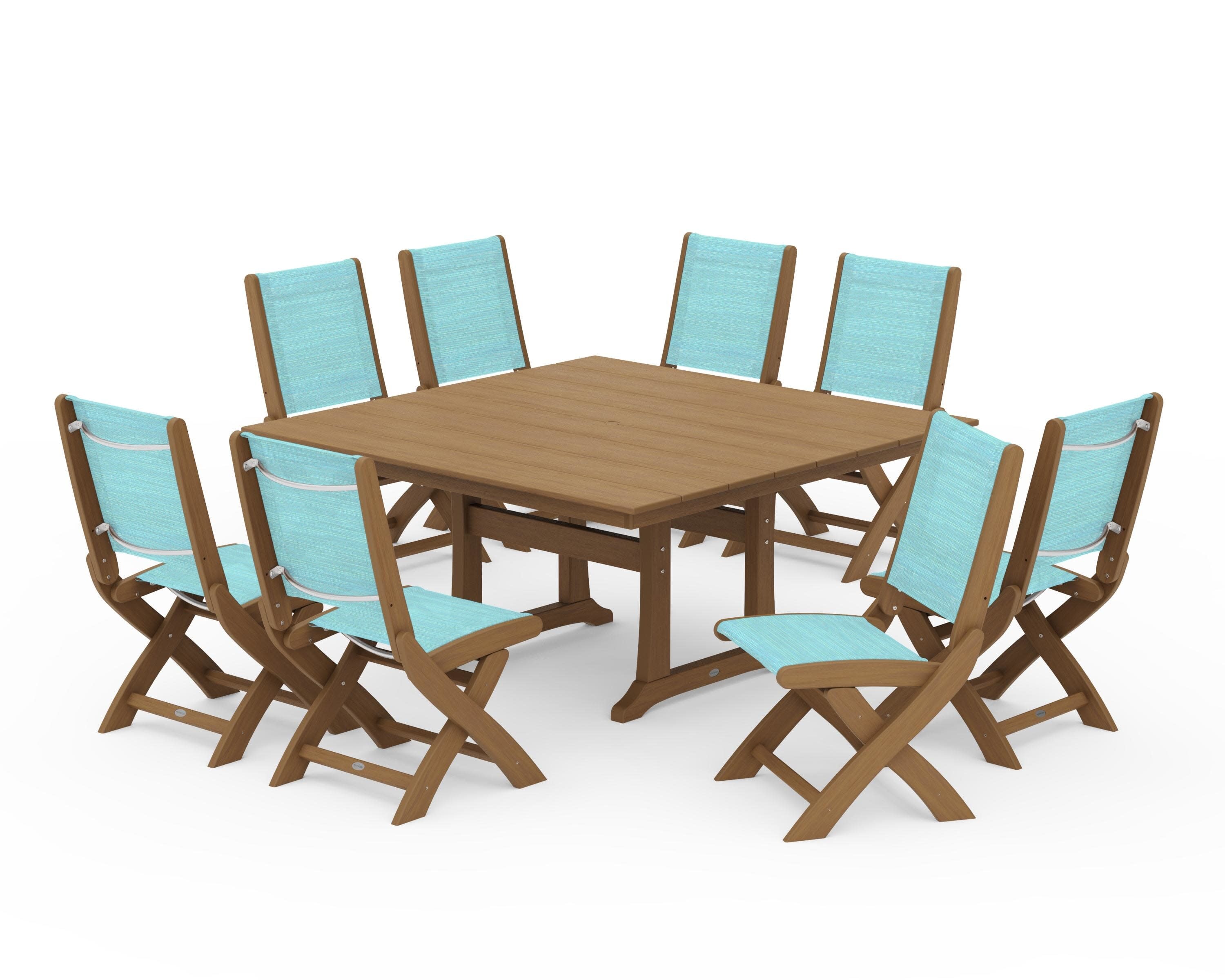 Coastal Folding Side Chair 9-Piece Farmhouse Dining Set in Natural / Dupioni Aquamarine Sling