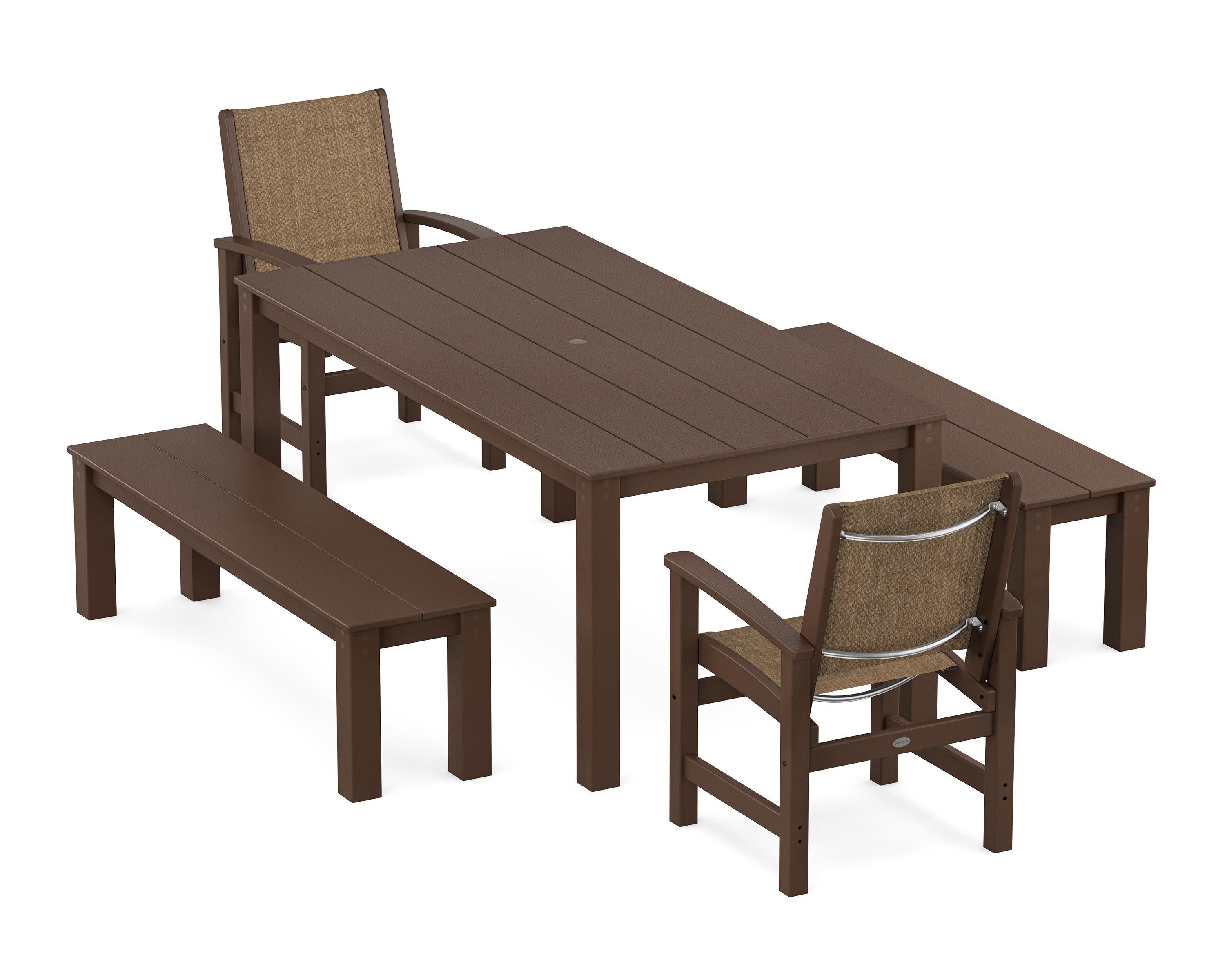 Coastal 5-Piece Parsons Dining Set with Benches in Mahogany / Burlap Sling