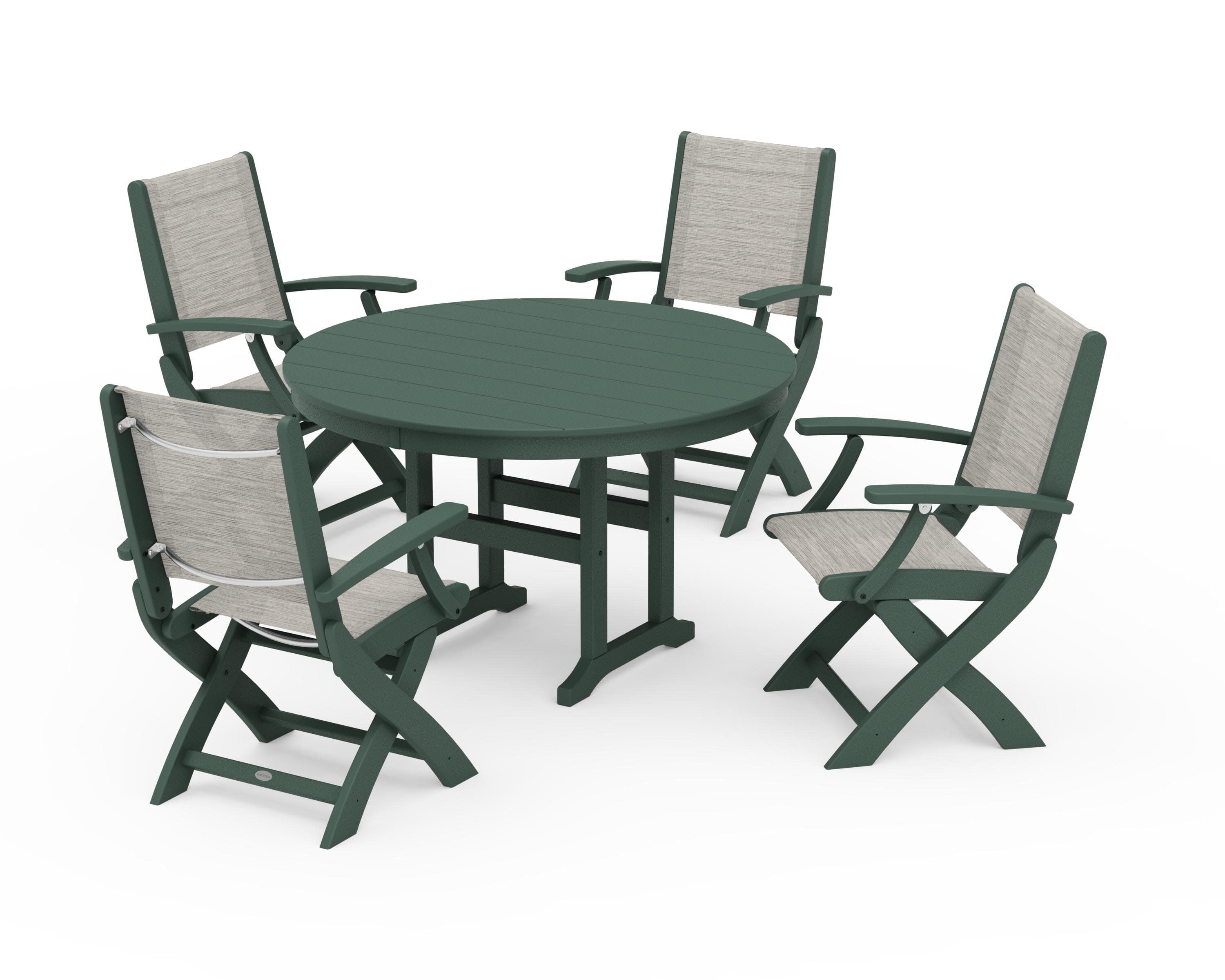 Coastal Folding Chair 5-Piece Round Dining Set in Green / Birch Sling