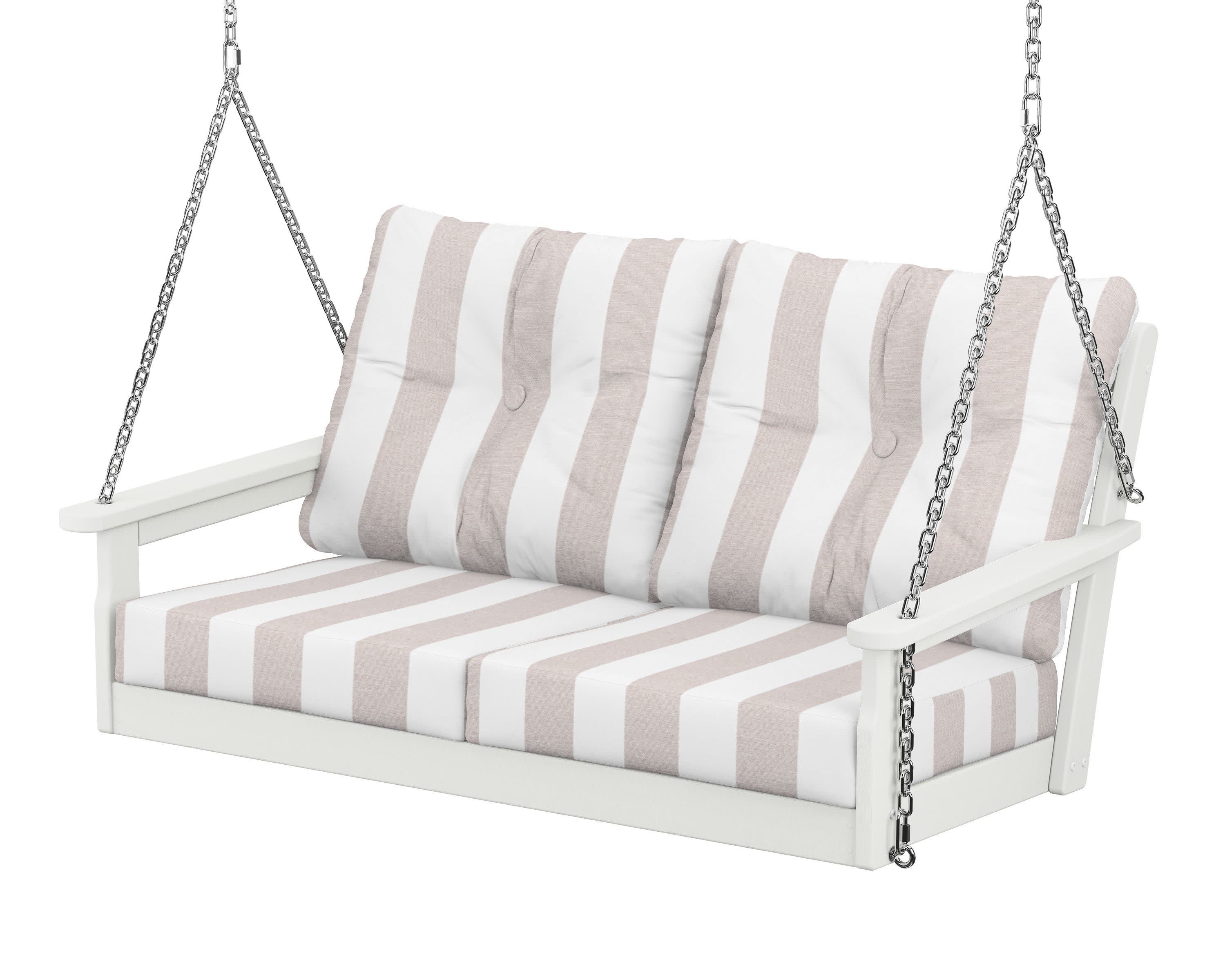Vineyard Deep Seating Swing in Vintage White / Cabana Stripe Dune Burlap