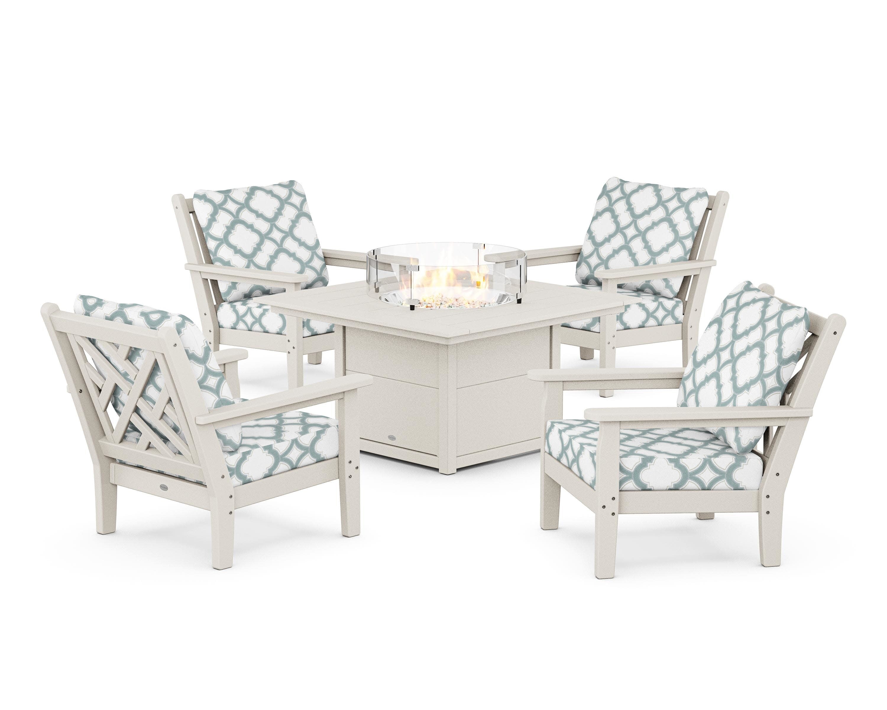Chippendale 5-Piece Deep Seating Set with Fire Pit Table in Sand / Trellis Glacier Spa