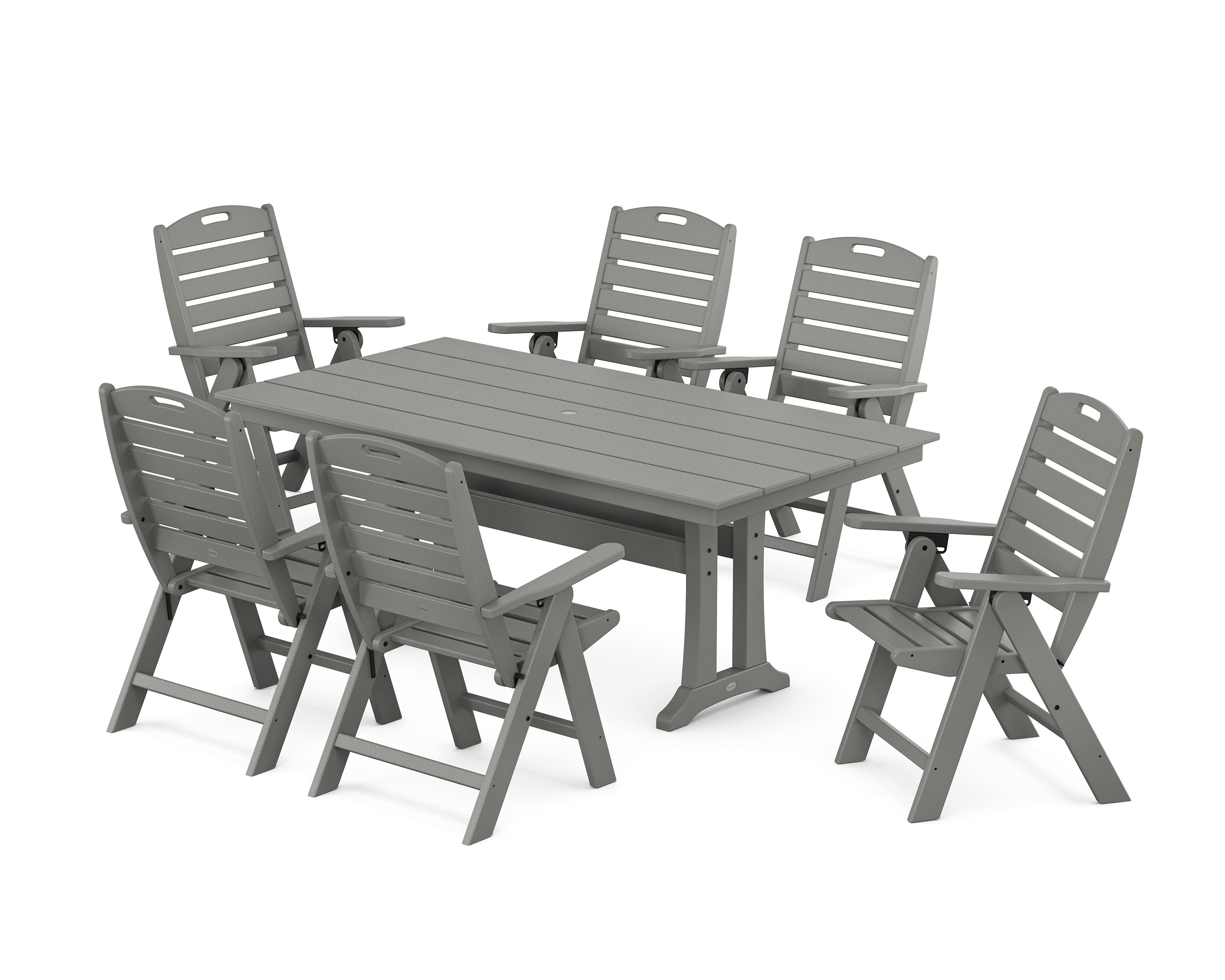 Nautical Highback 7-Piece Farmhouse Dining Set with Trestle Legs in Slate Grey