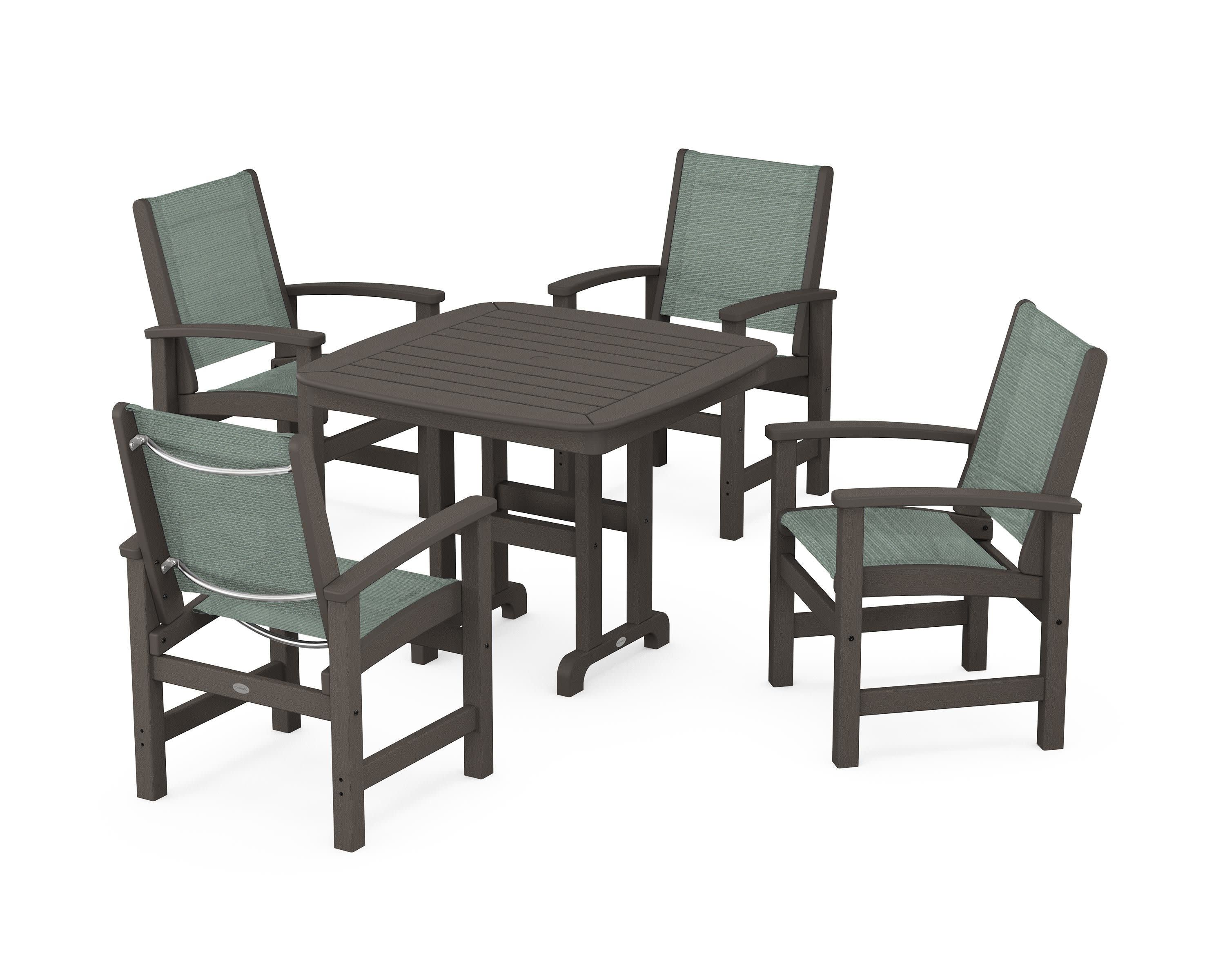 Coastal 5-Piece Dining Set in Vintage Coffee / Dupioni Sea Mist Sling