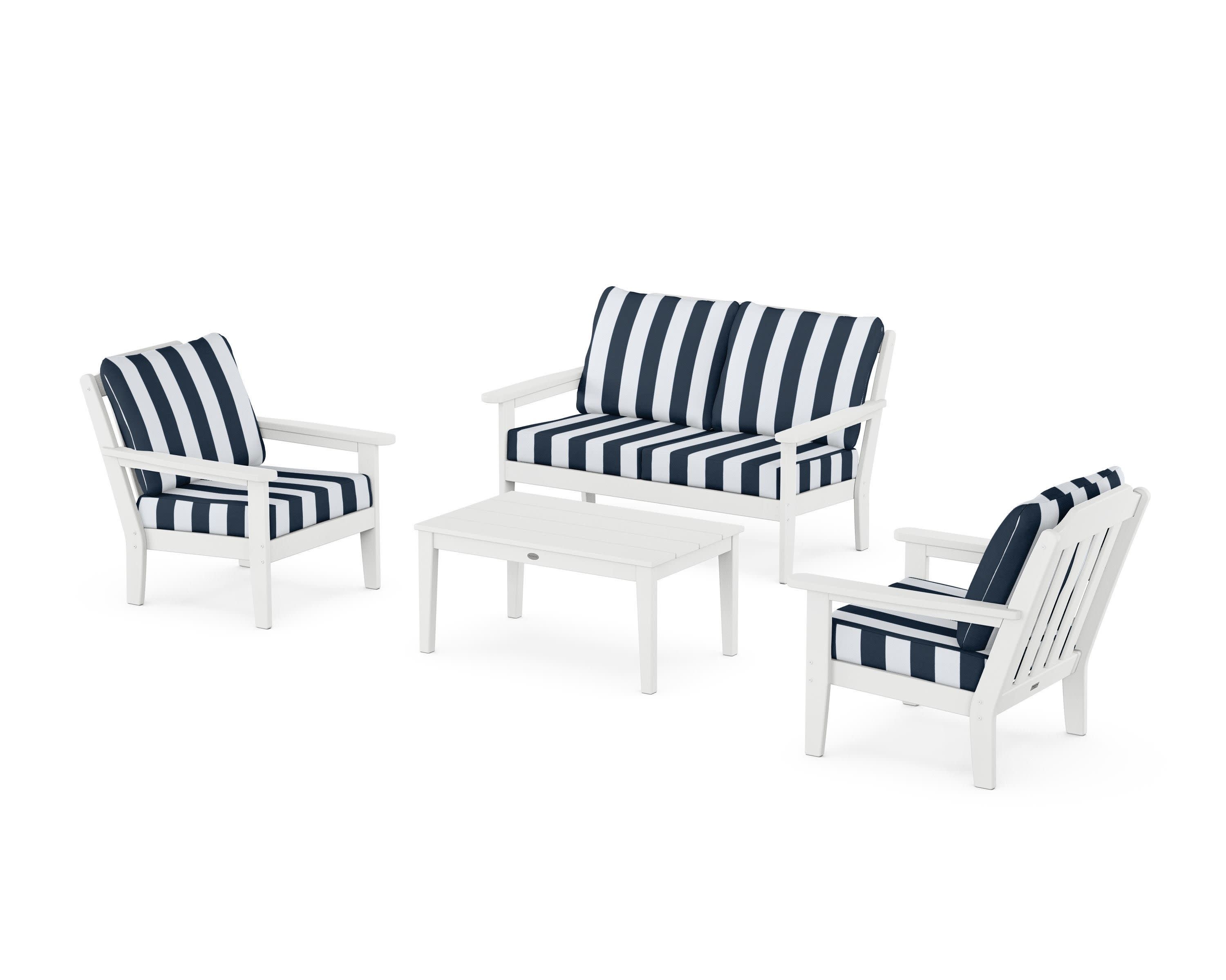 Cottage 4-Piece Deep Seating Set with Loveseat in White / Cabana Stripe Marine Indigo