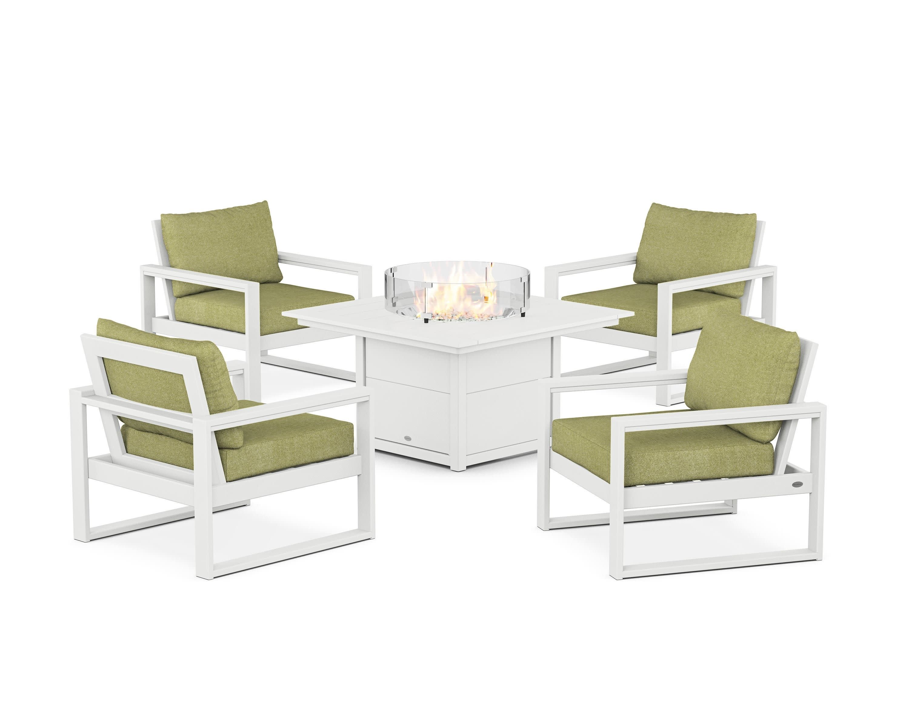 EDGE Sectional 5-Piece Deep Seating Set with Fire Pit Table in White / Chartreuse Boucle