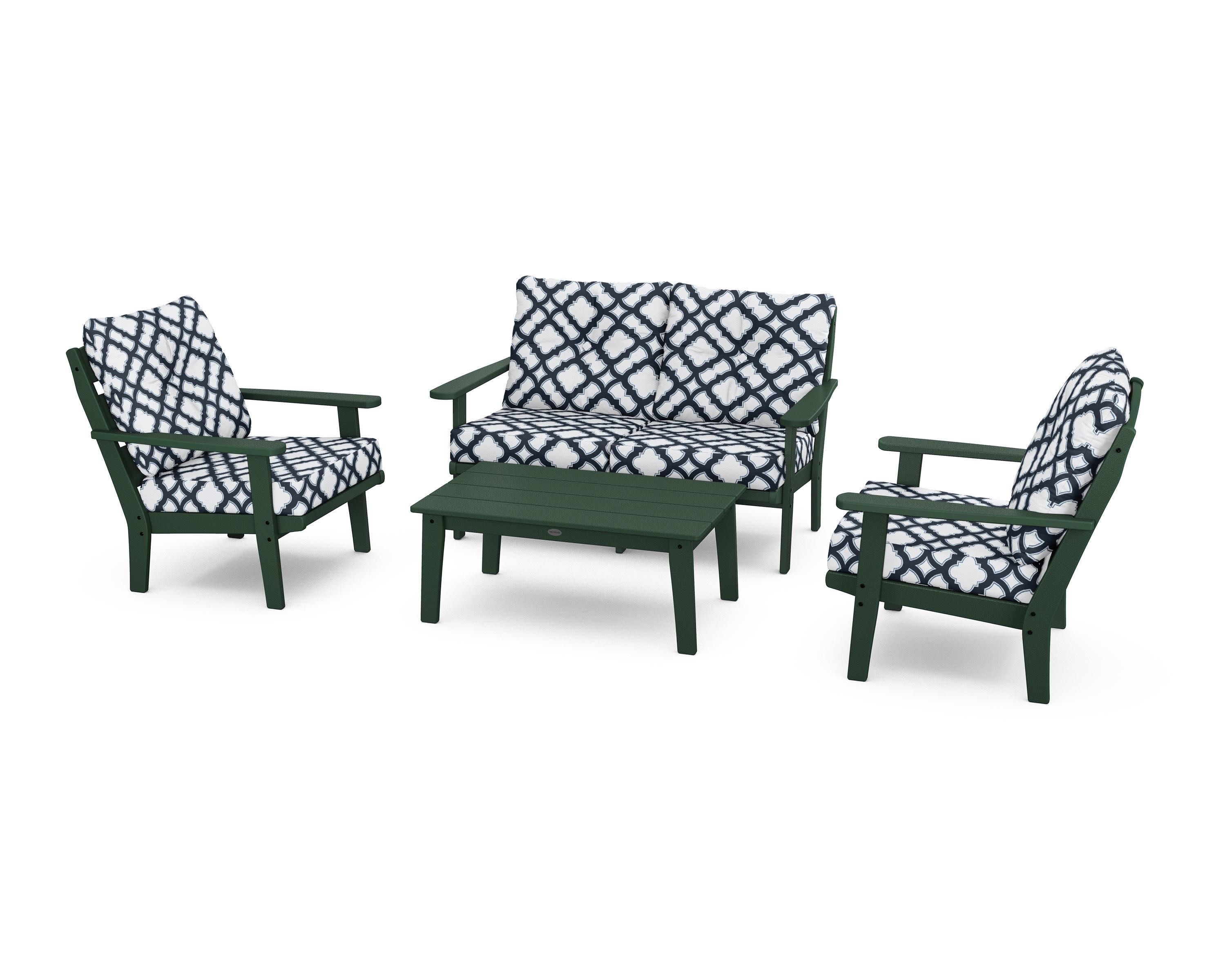 Lakeside 4-Piece Deep Seating Set in Green / Trellis Marine Indigo
