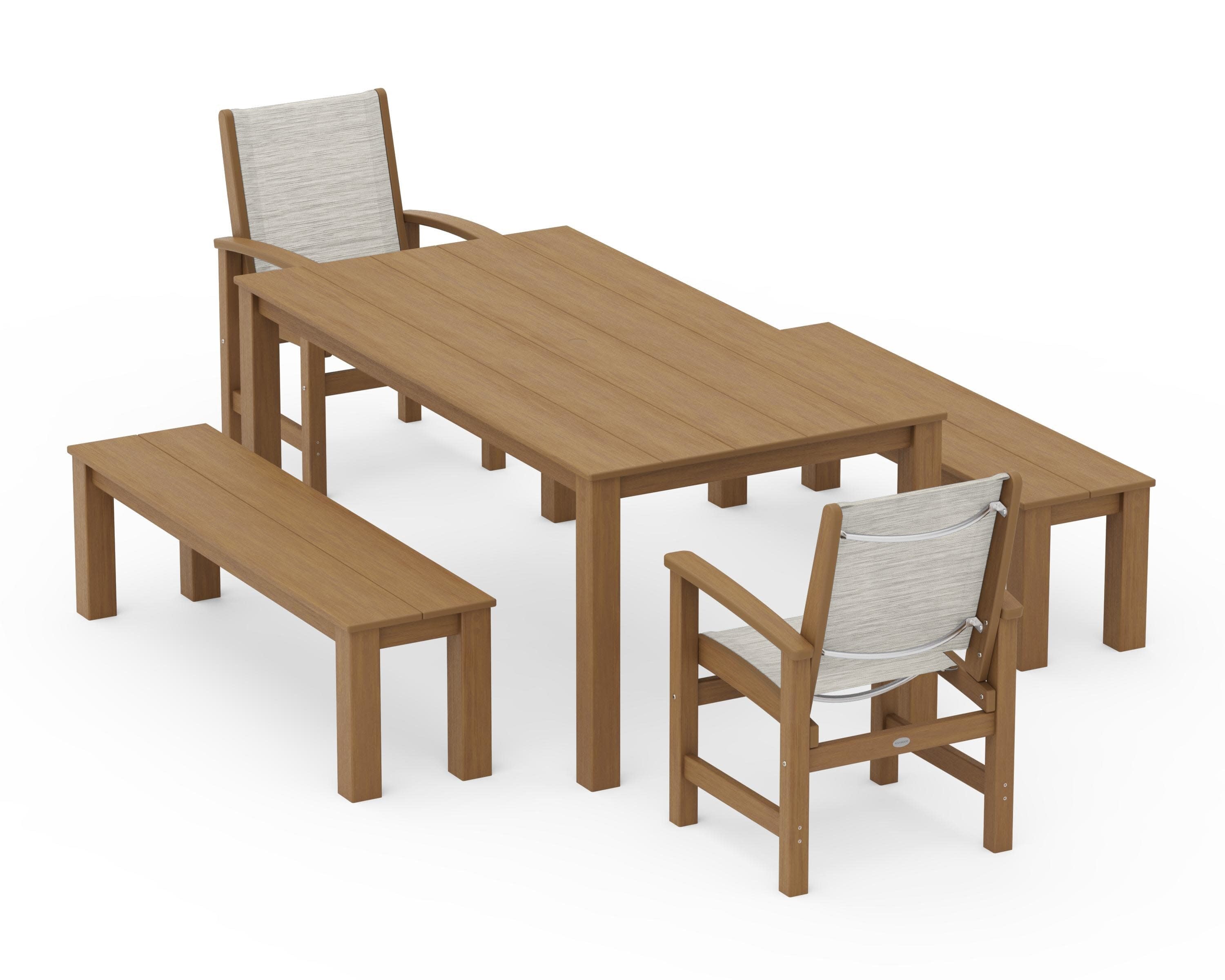 Coastal 5-Piece Parsons Dining Set with Benches in Natural / Birch Sling