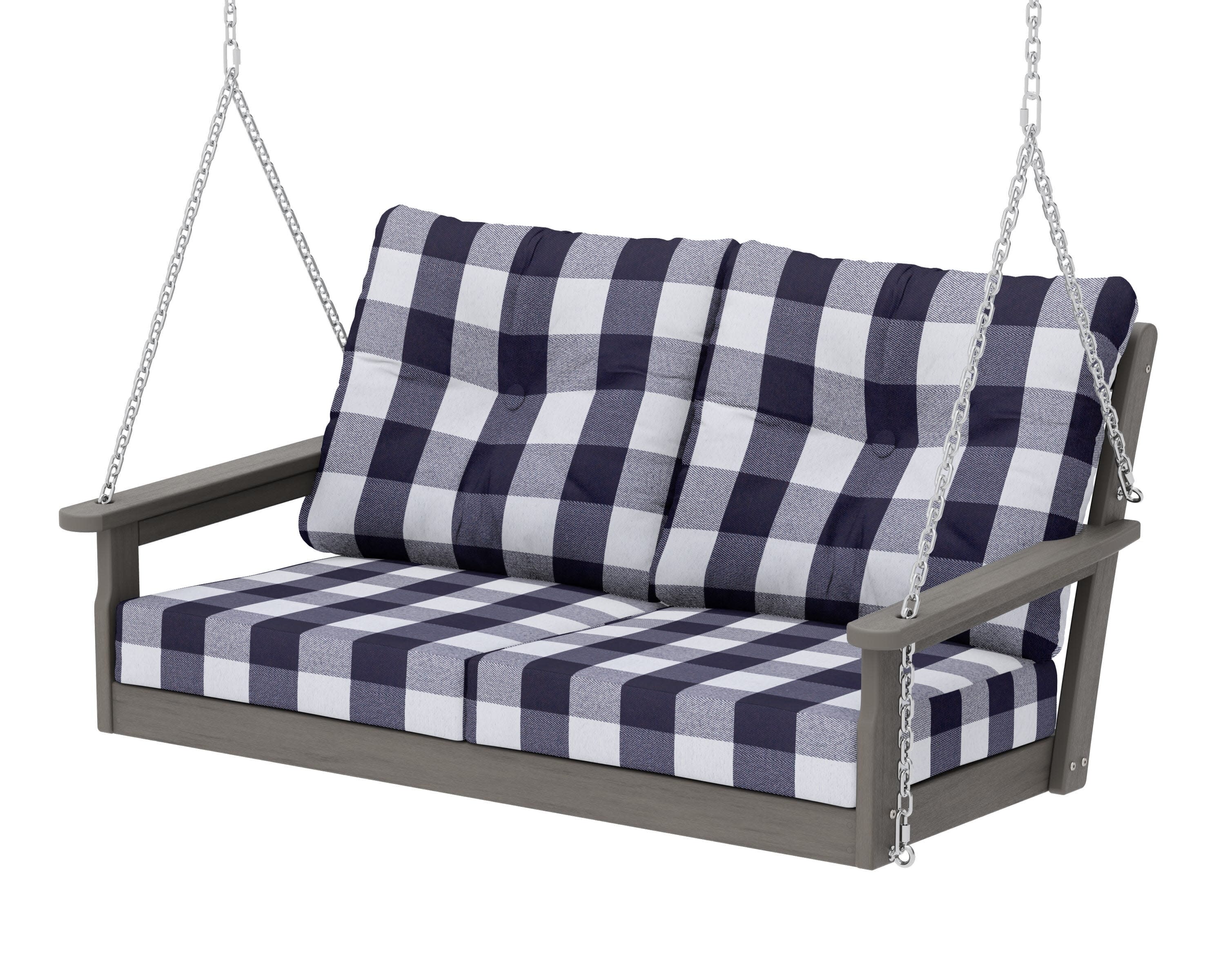 Vineyard Deep Seating Swing in Driftwood / Buffalo Plaid Navy