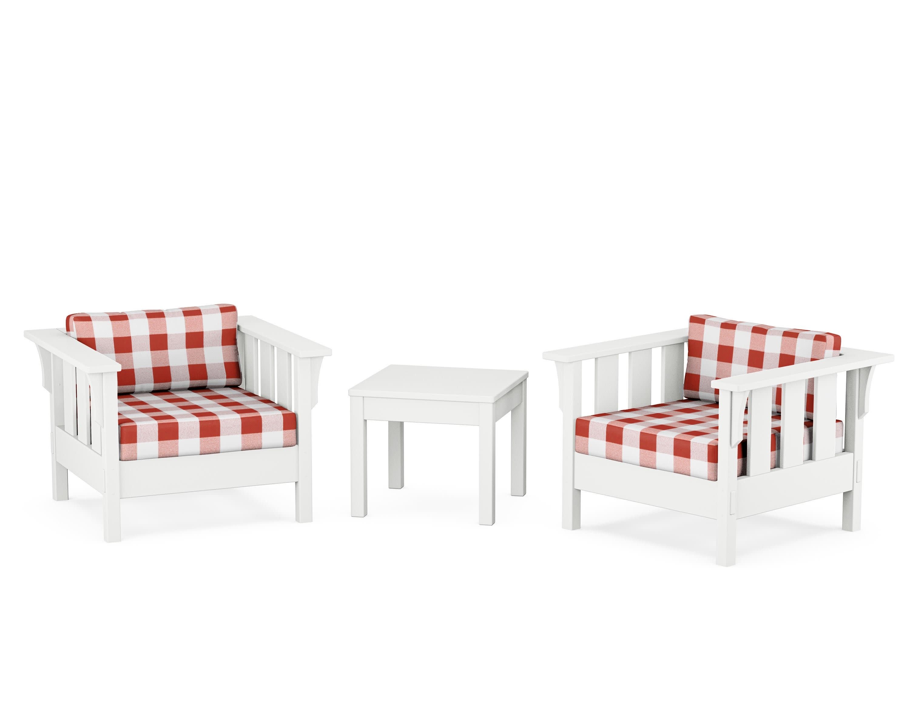 Acadia 3-Piece Deep Seating Set in White / Buffalo Plaid Crimson