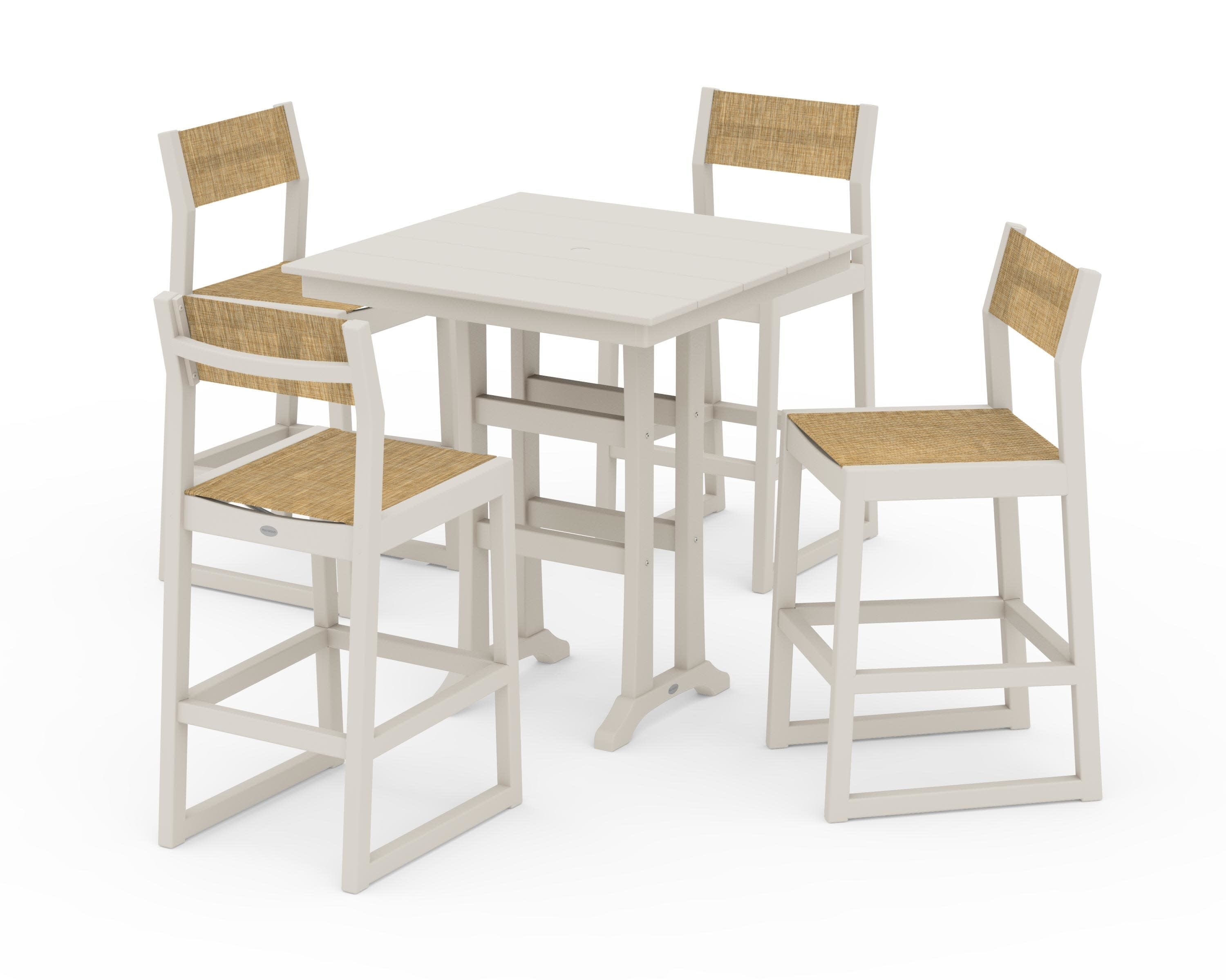 EDGE Sling Arm Chair 5-Piece Farmhouse Bar Set with Trestle Legs in Sand / Burlap Sling