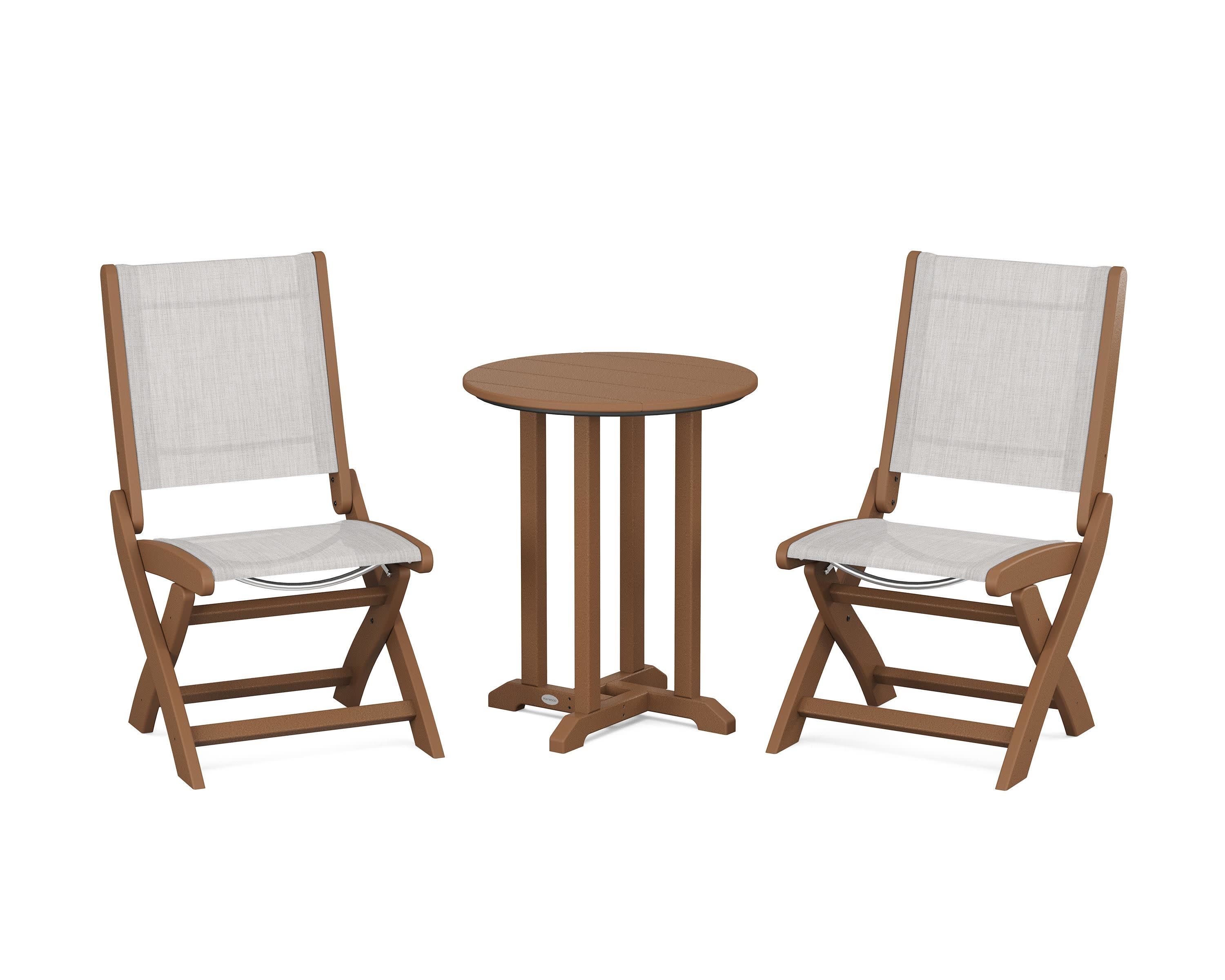 Coastal Folding Side Chair 3-Piece Round Bistro Dining Set in Teak / Parchment Sling