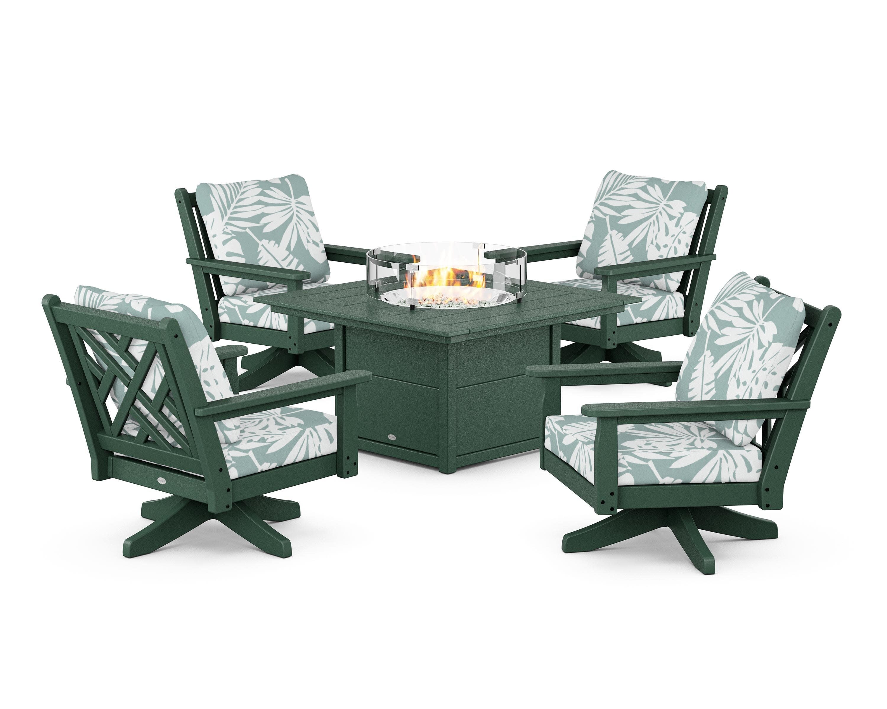 Chippendale 5-Piece Deep Seating Swivel Conversation Set with Fire Pit Table in Green / Leaf Glacier Spa
