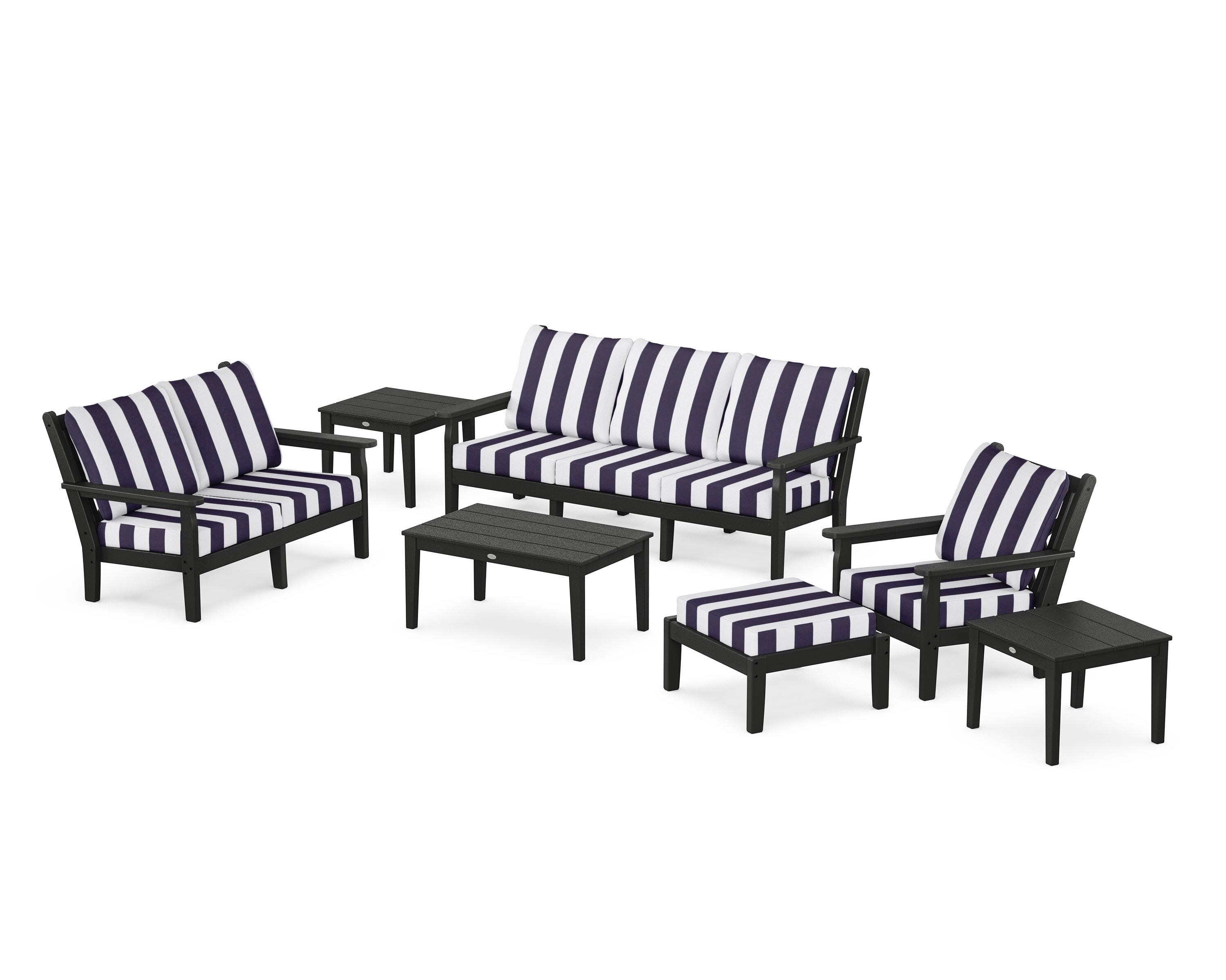 Chippendale 7-Piece Deep Seating Set in Black / Cabana Stripe Navy