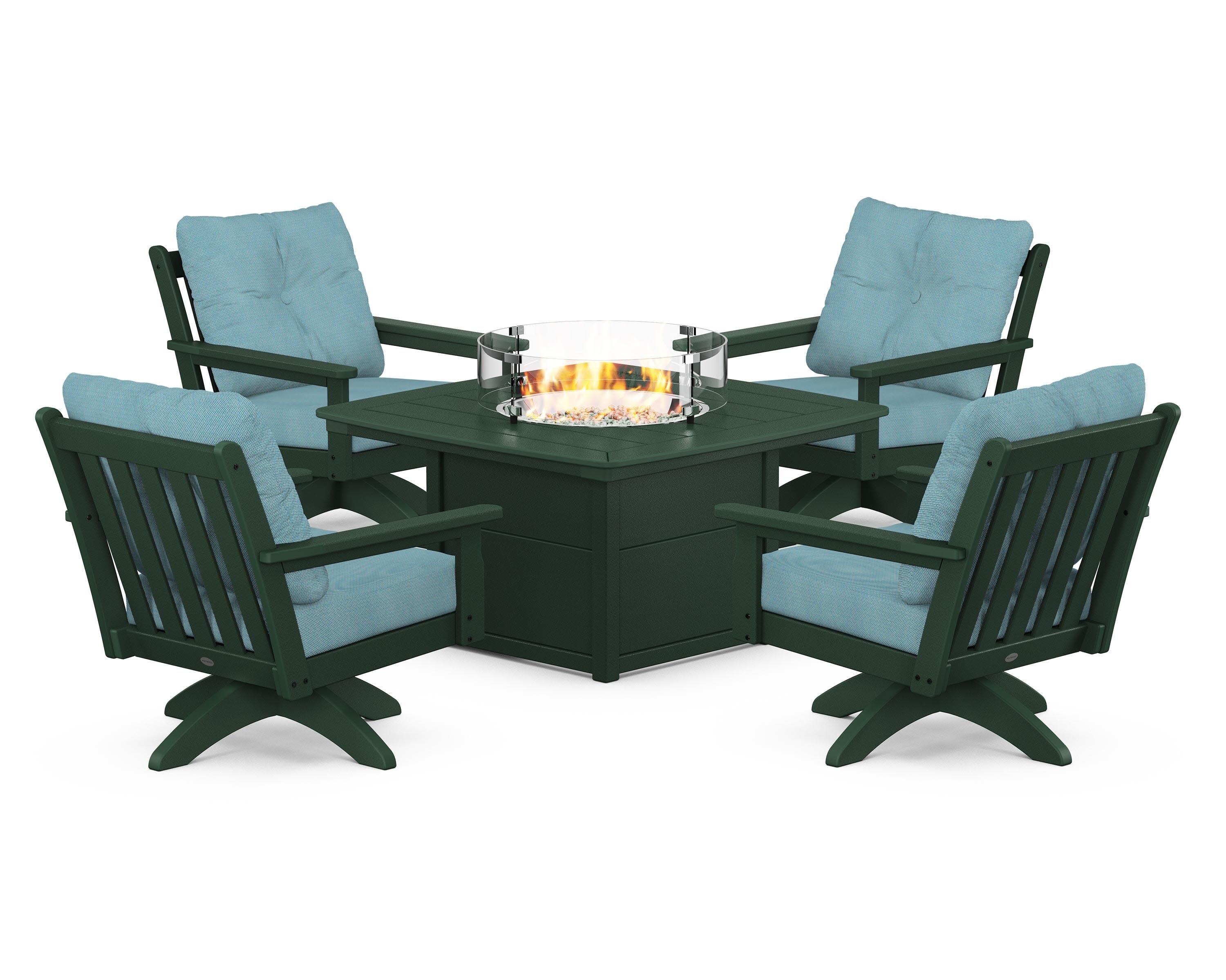 Vineyard 5-Piece Deep Seating Swivel Conversation Set with Fire Pit Table in Green / Lattice Sky Blue