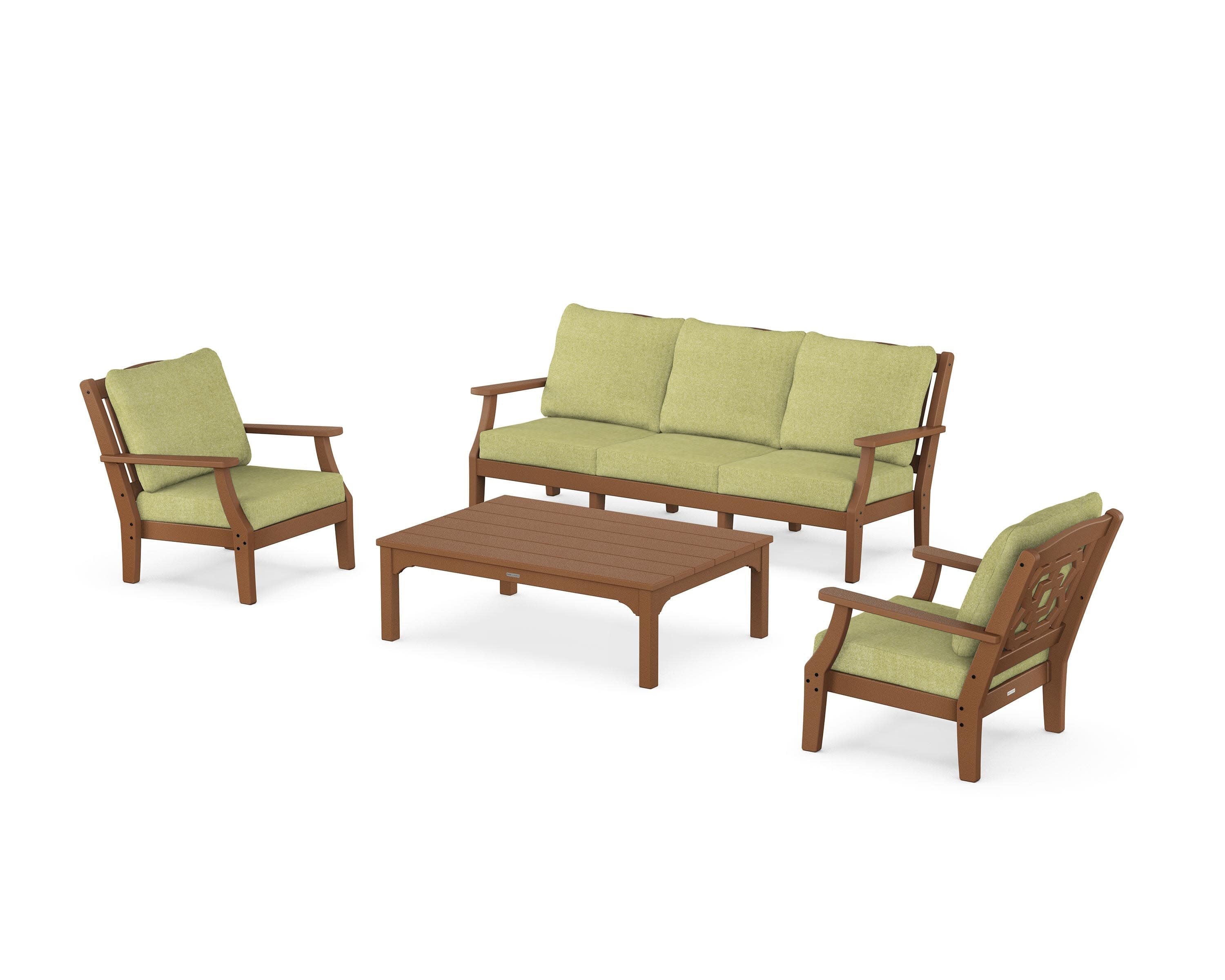 Chinoiserie 4-Piece Deep Seating Set with Sofa in Teak / Chartreuse Boucle