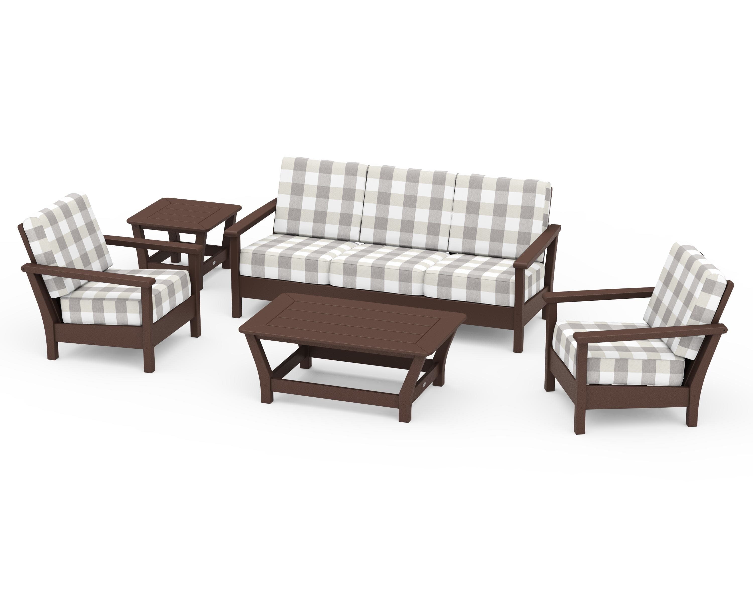 Harbour 5-Piece Deep Seating Set in Mahogany / Buffalo Plaid Grey Mist