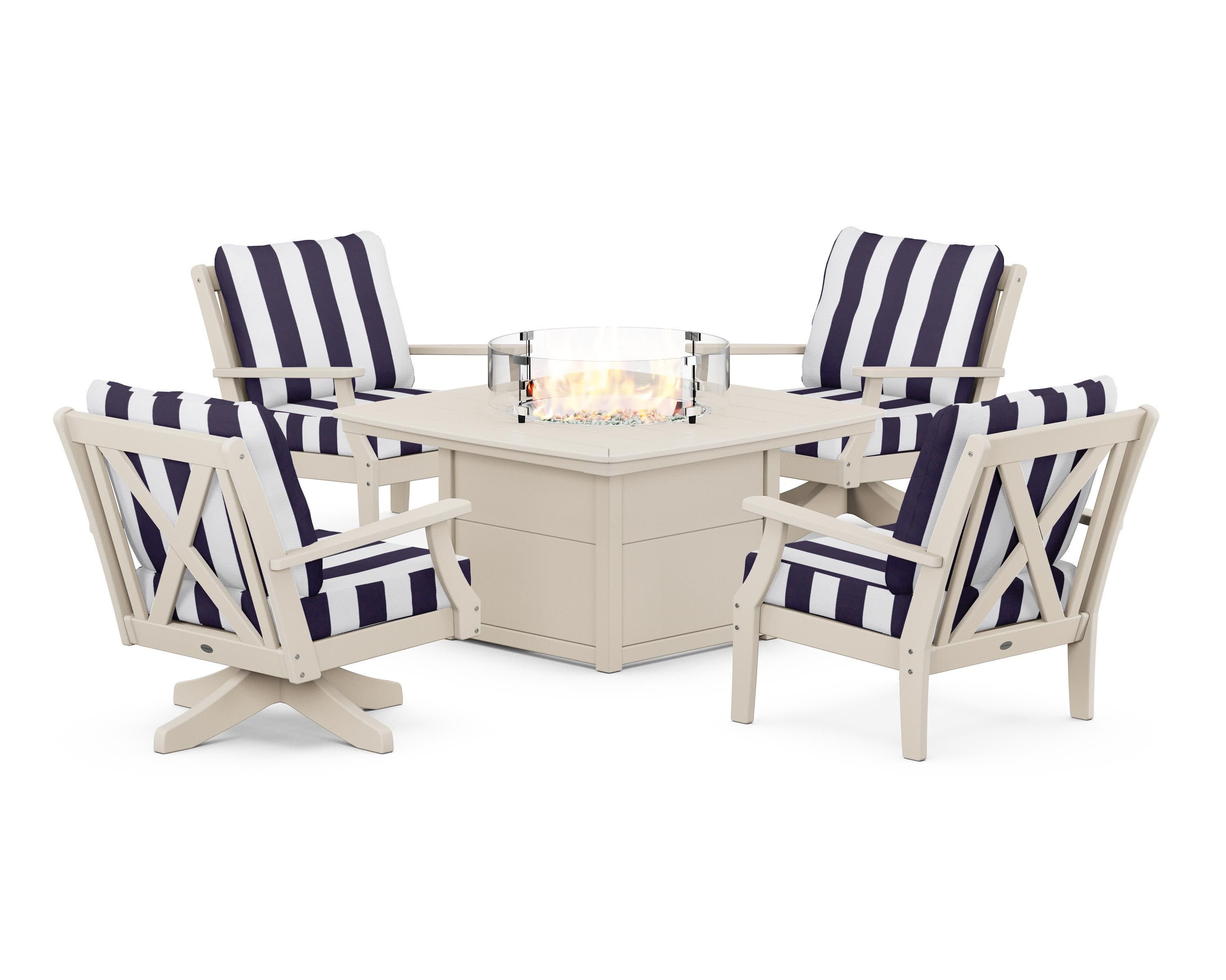 Braxton 5-Piece Deep Seating Set with Fire Table in Sand / Cabana Stripe Navy